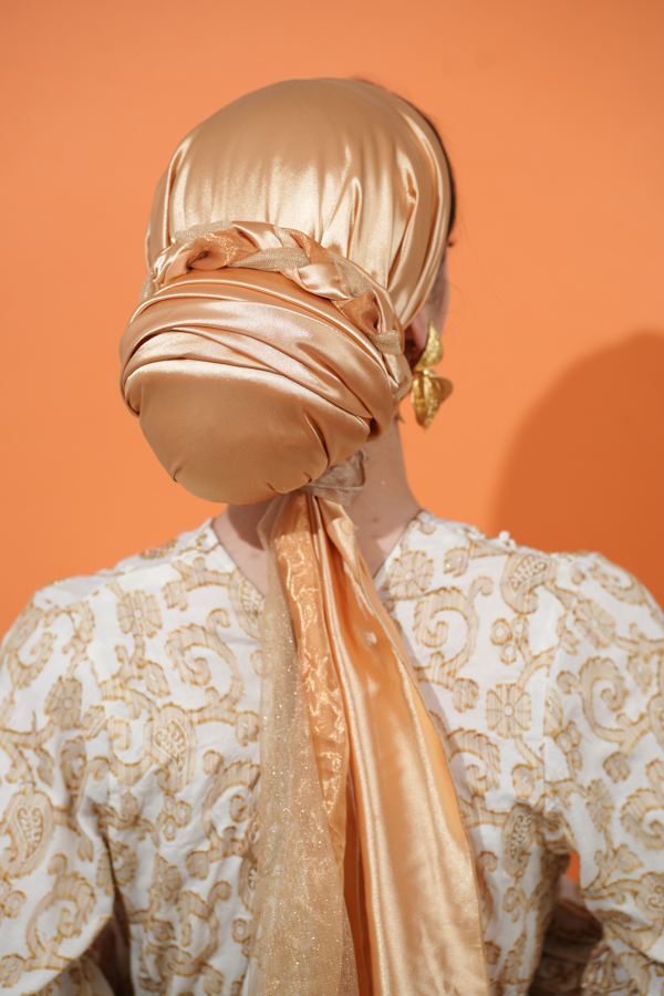 Evening Saffron Satin Headscarf “Araganite” (without braid)