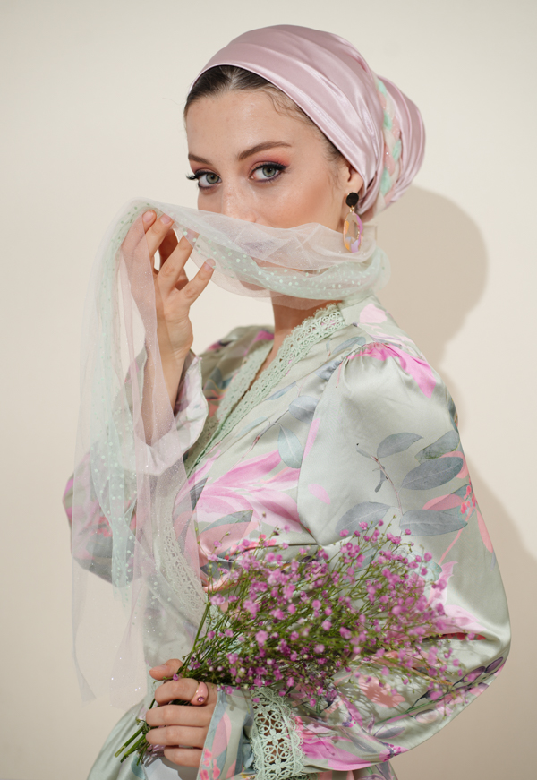 Evening Pink Satin Headscarf “Lepidolite”