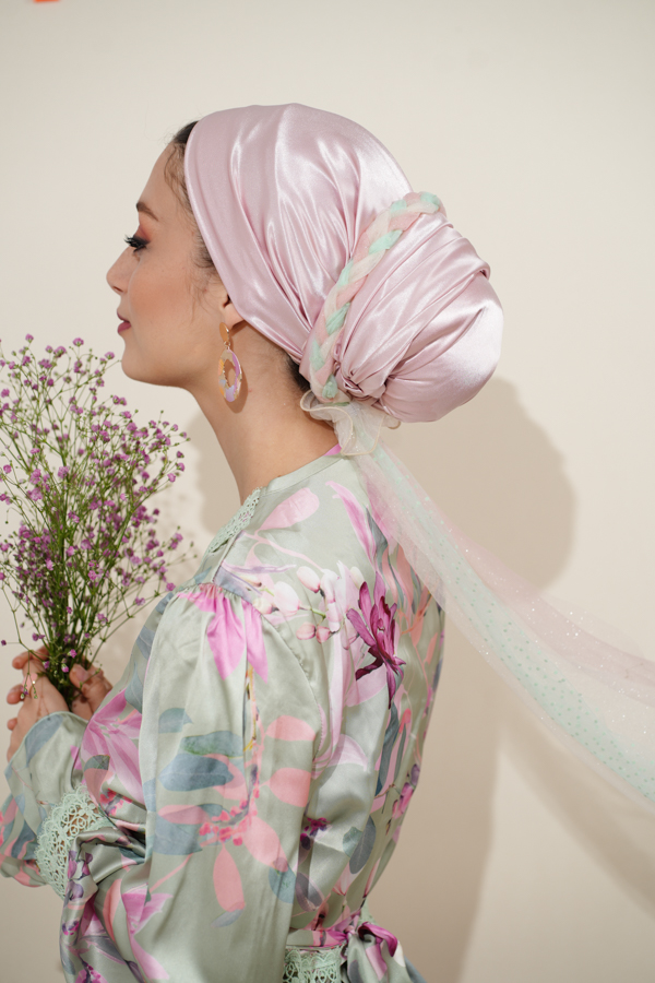 Evening Pink Satin Headscarf “Lepidolite” (withouth braid)