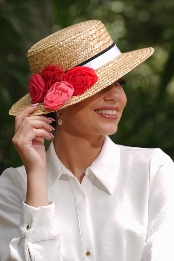 Hat with Black and White Stripe and Red Flowers