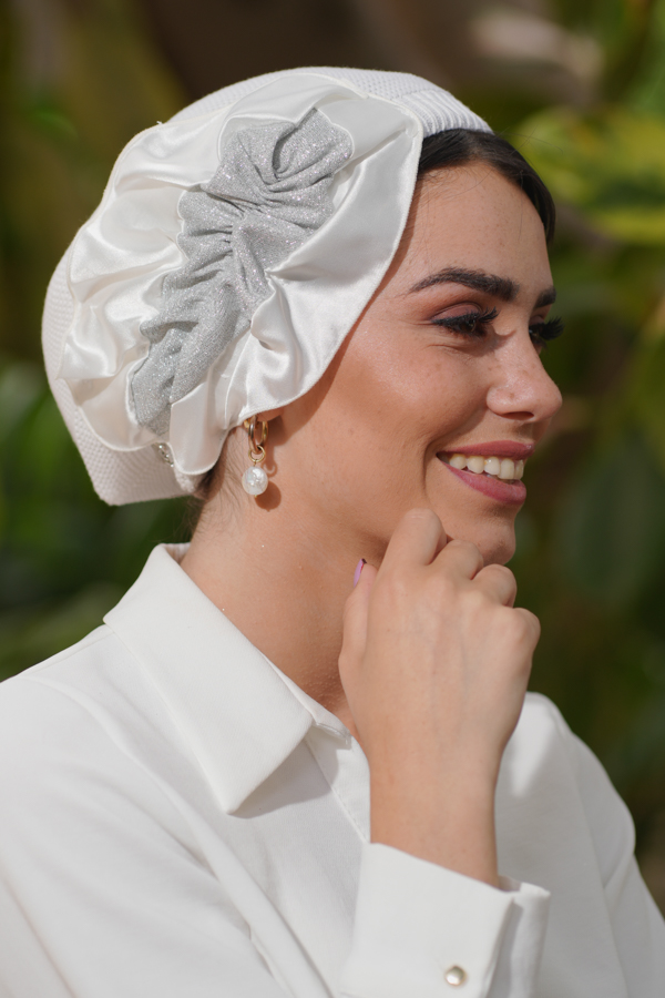White Beret with Silver Flower