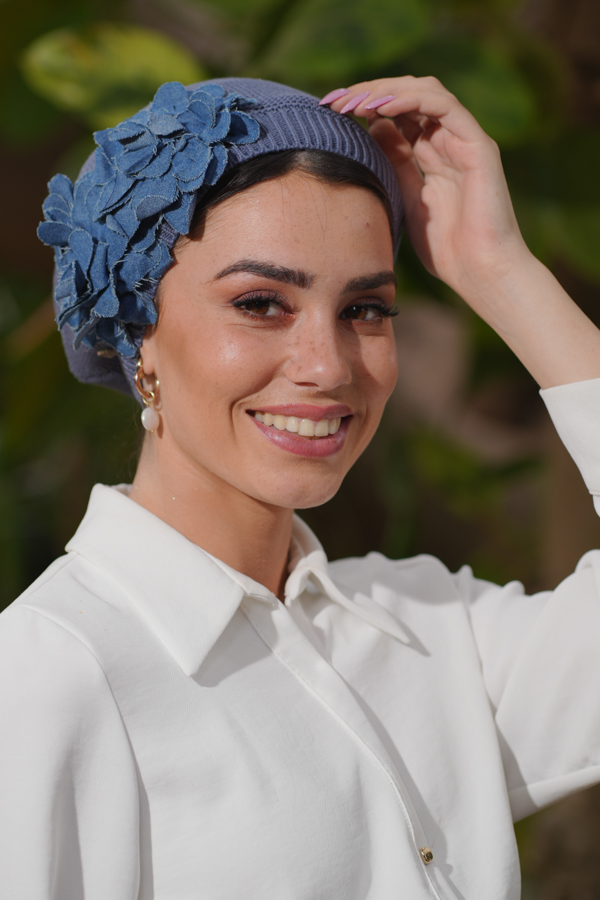 Blue Beret with Jeans Flower