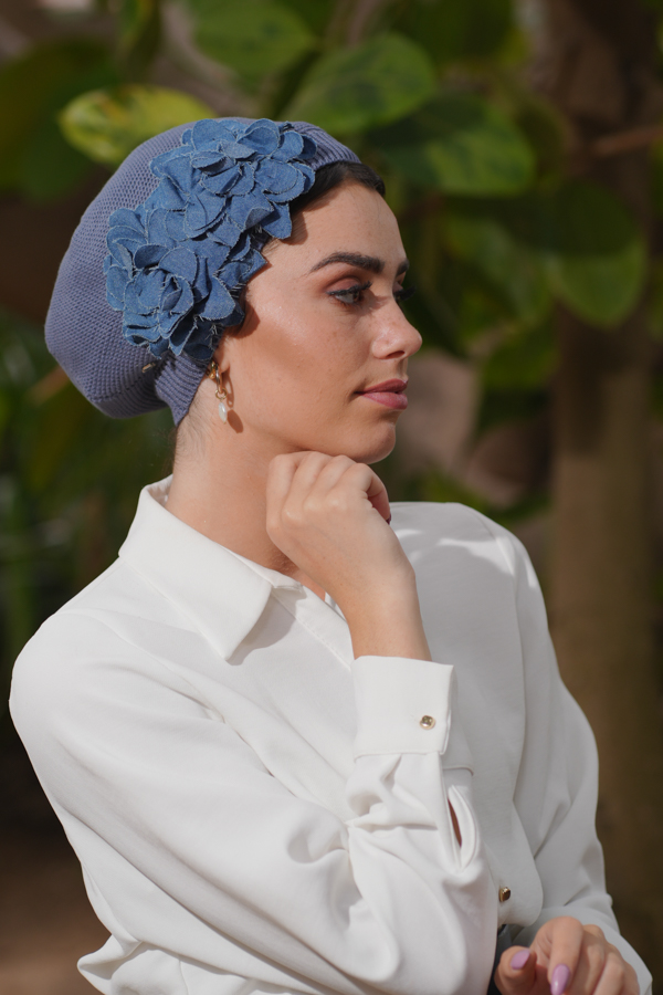 Blue Beret with Jeans Flower