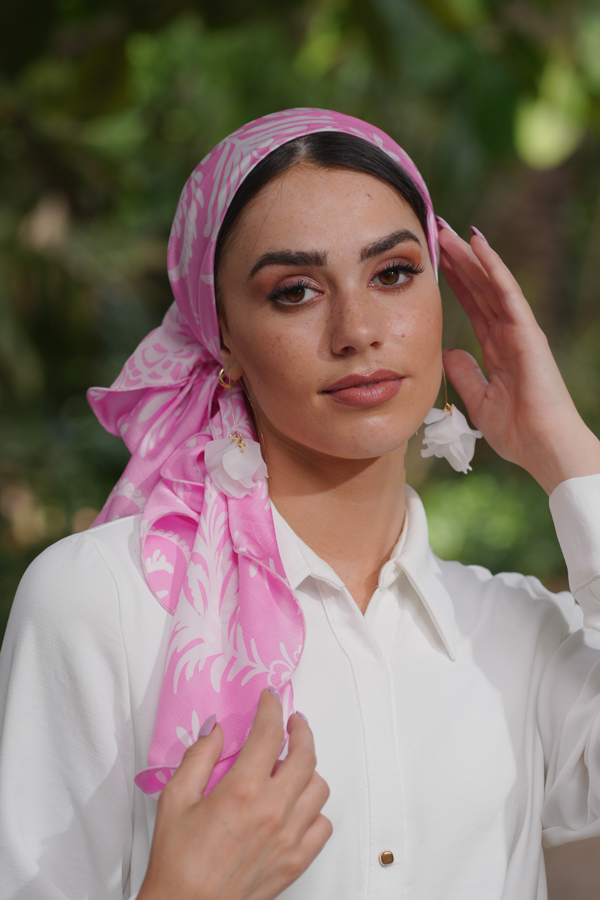 White and Pink Printed Headscarf