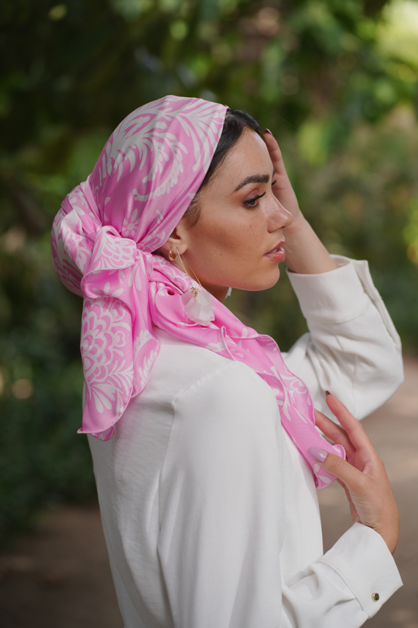 White and Pink Printed Headscarf