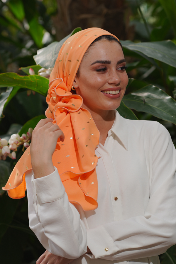 Orange Evening Headscarf with Gold Dots