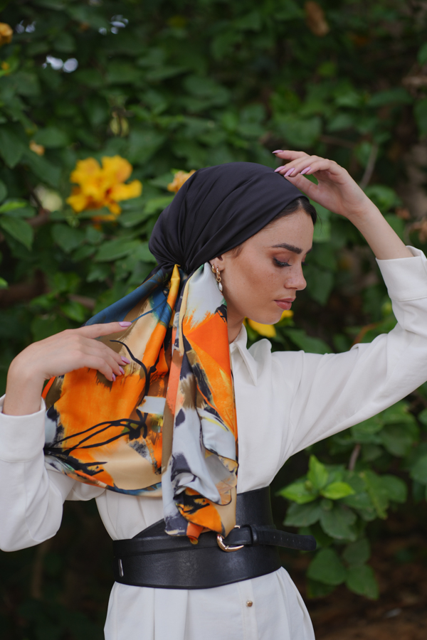 Black and Orange Printed Headscarf