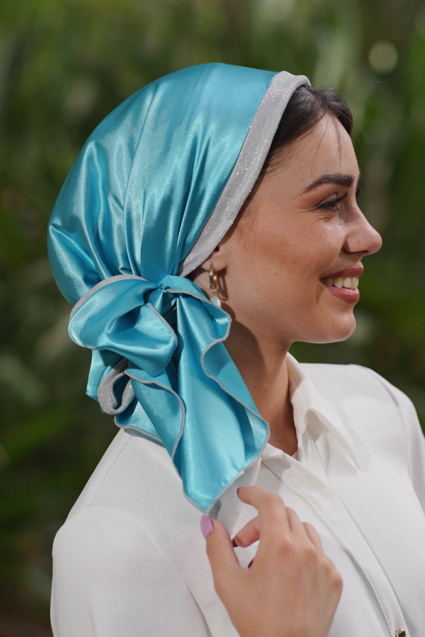 Turquoise Triangle Headscarf with Silver Stripe
