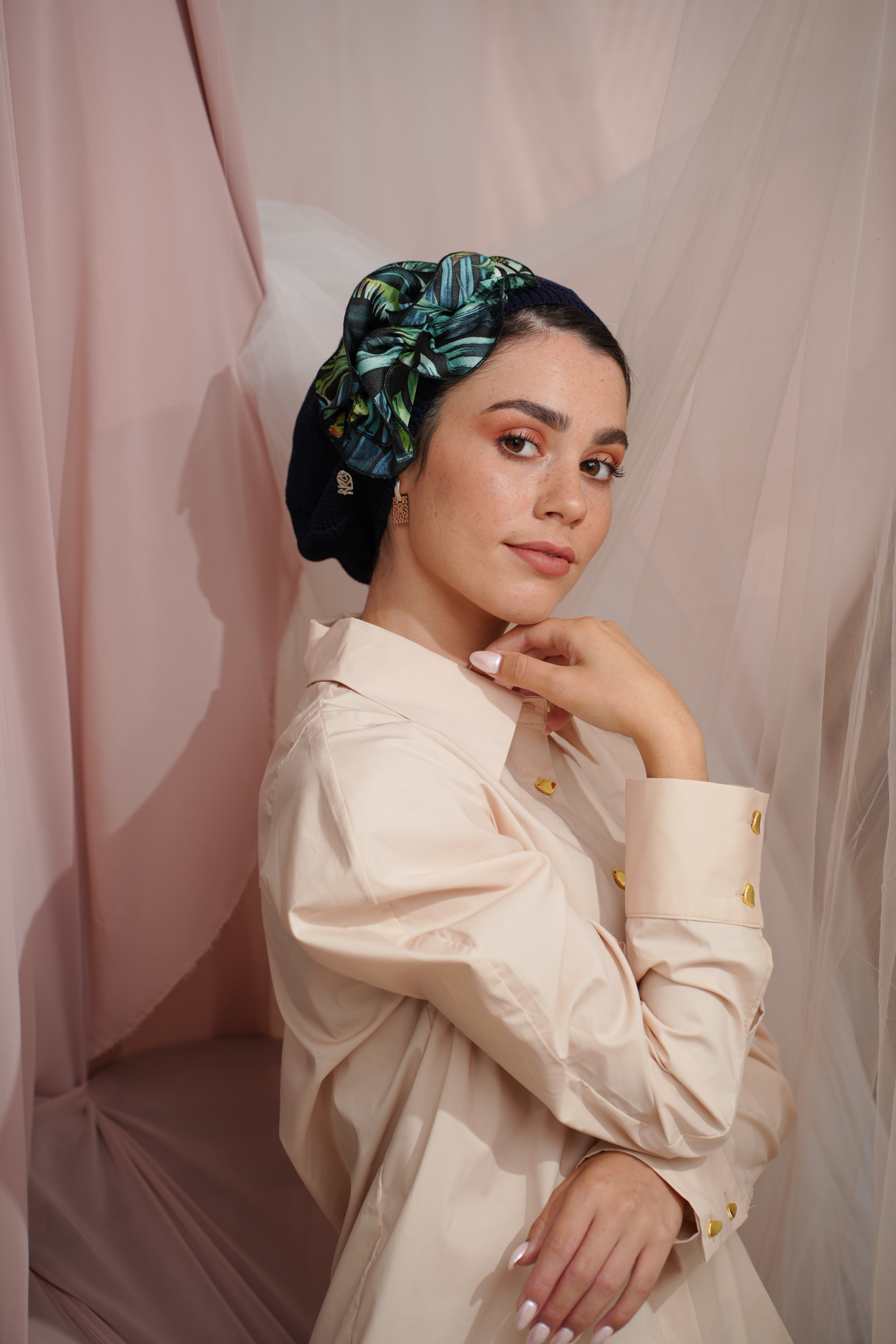 Blue Beret with Green Flower