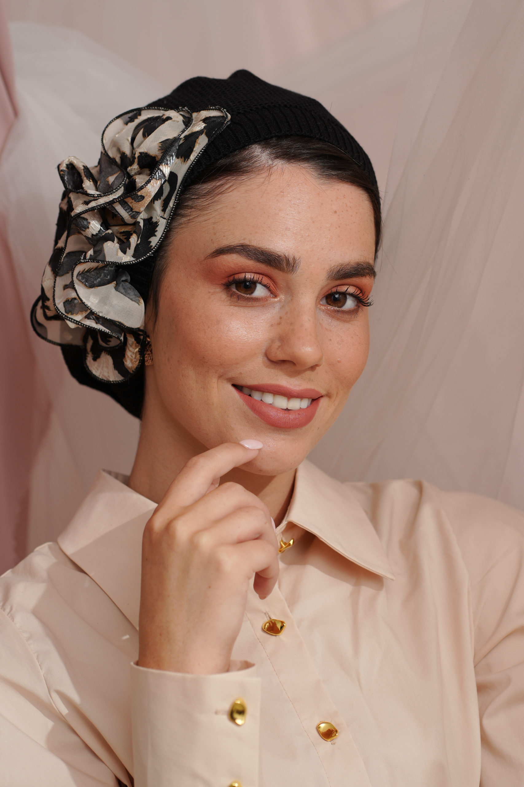 Black Beret with White Leopard Flower