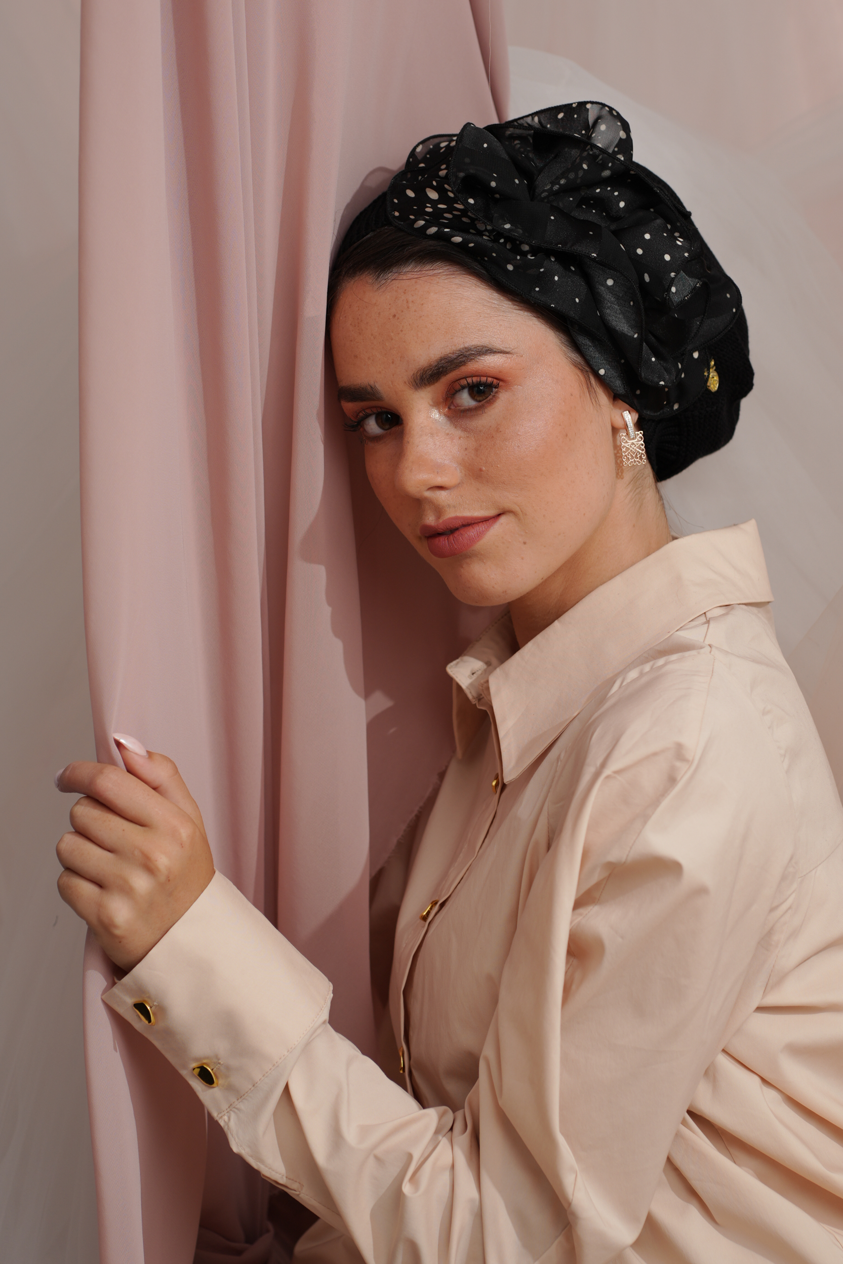 Black Beret with White Dots Flower