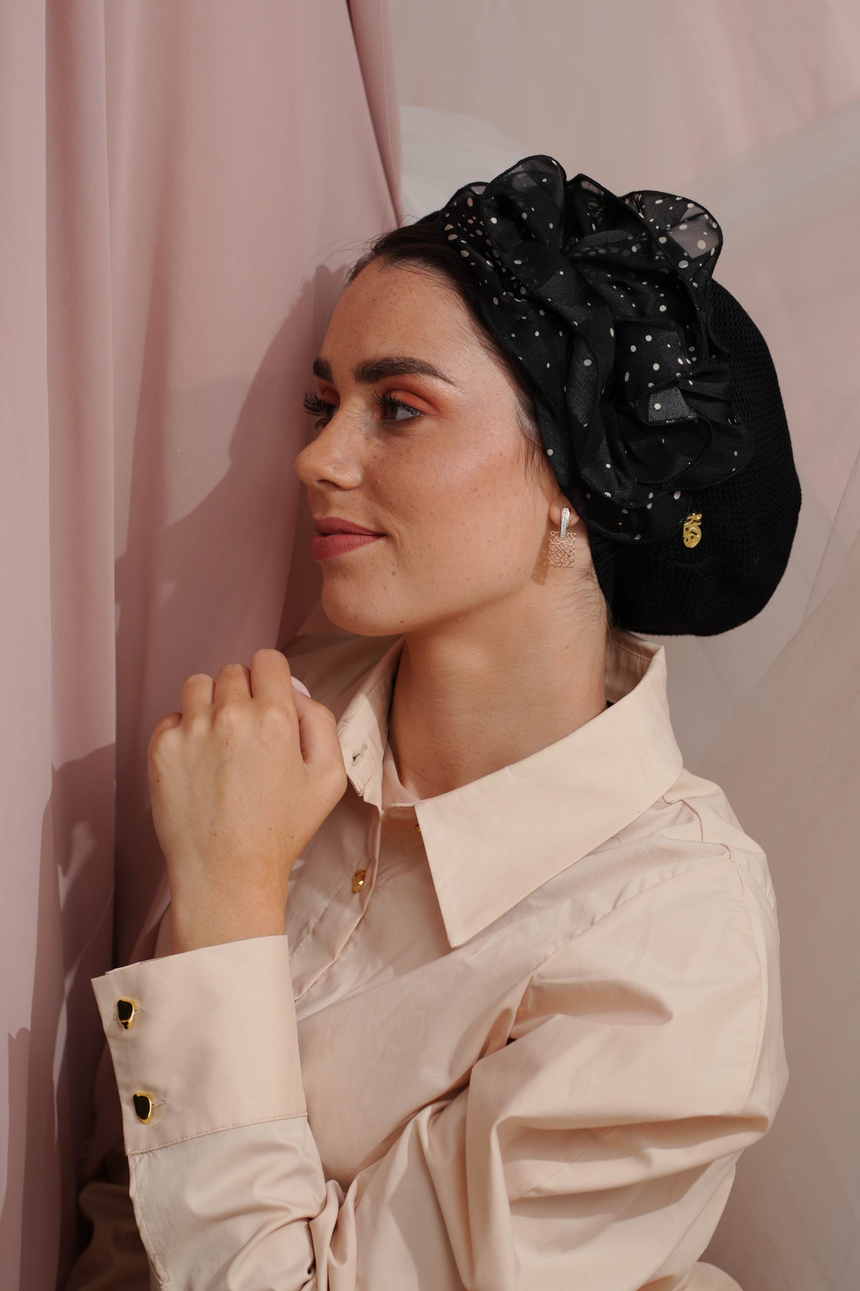 Black Beret with White Dots Flower