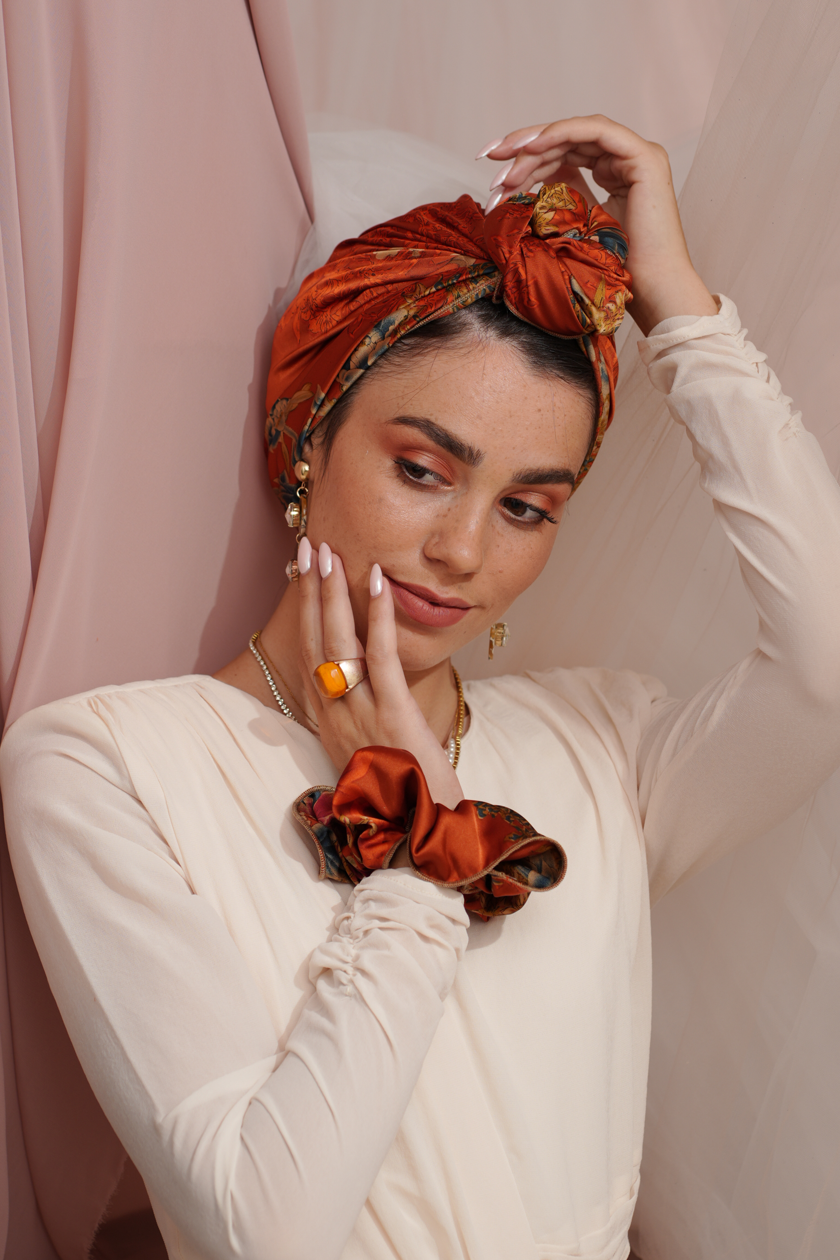 Vintage Orange Printed Headscarf