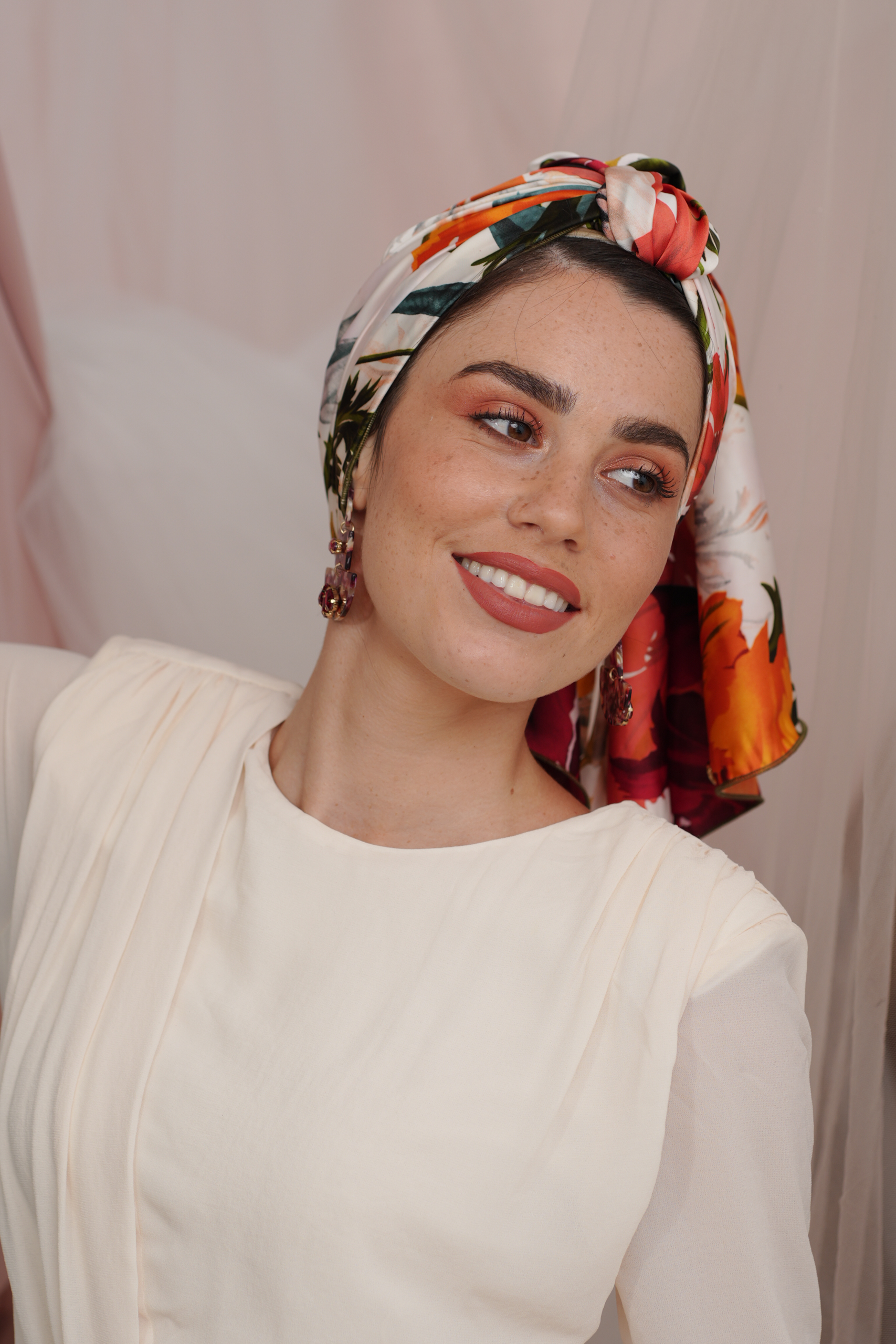 White with Colorful Flowers Printed Headscarf