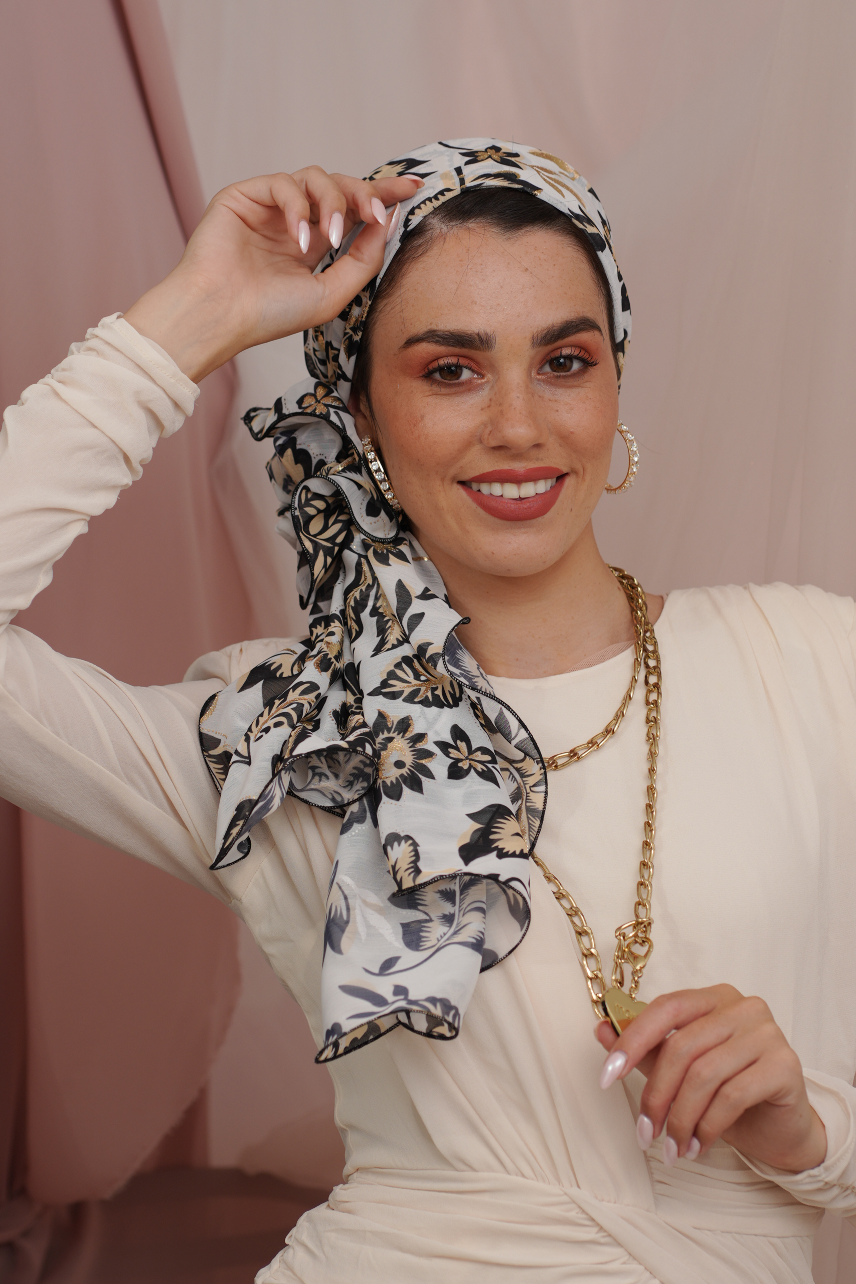 White, Black and Gold Printed Headscarf