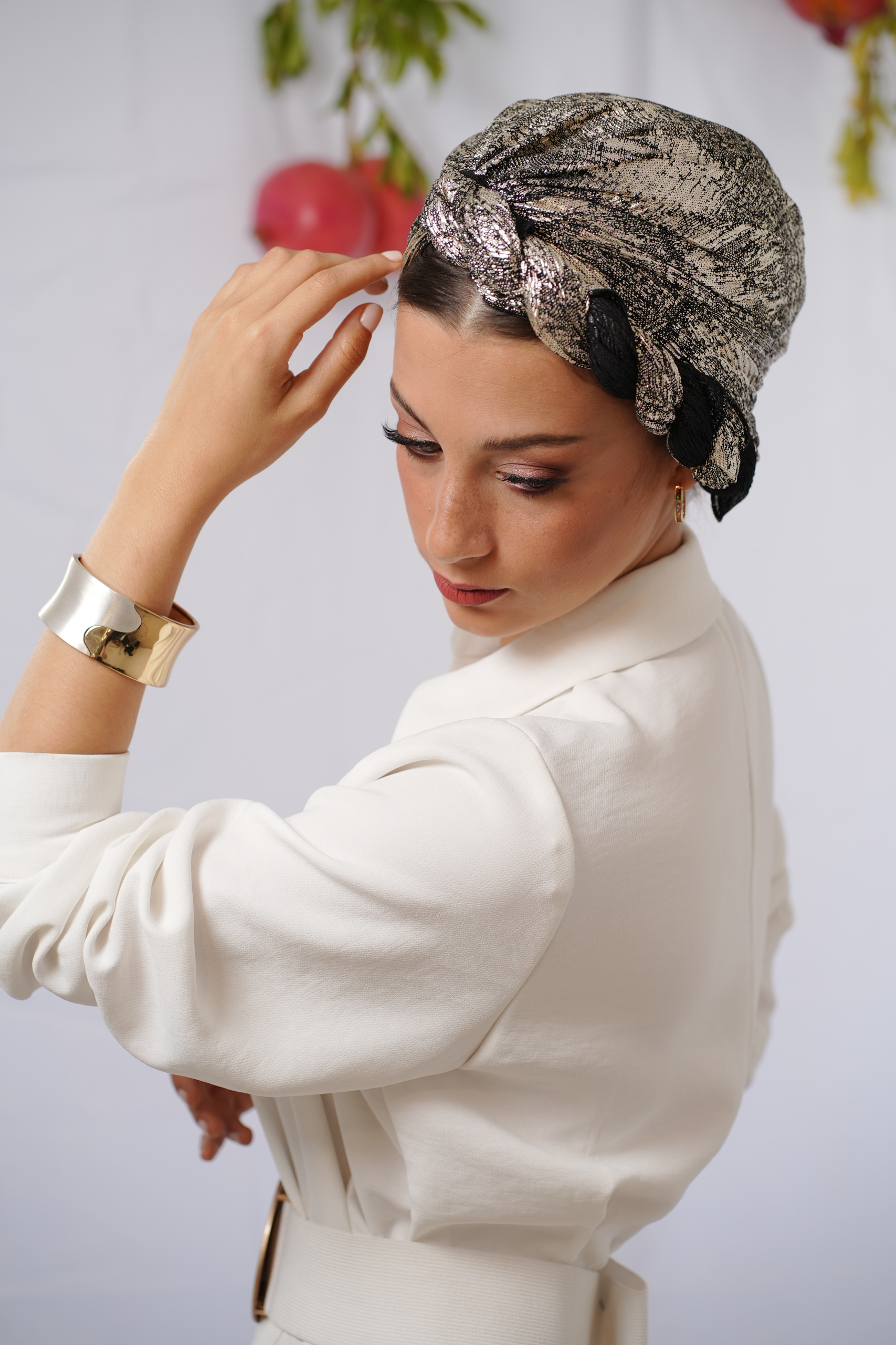 Printed Black and Light Gold Evening Headscarf