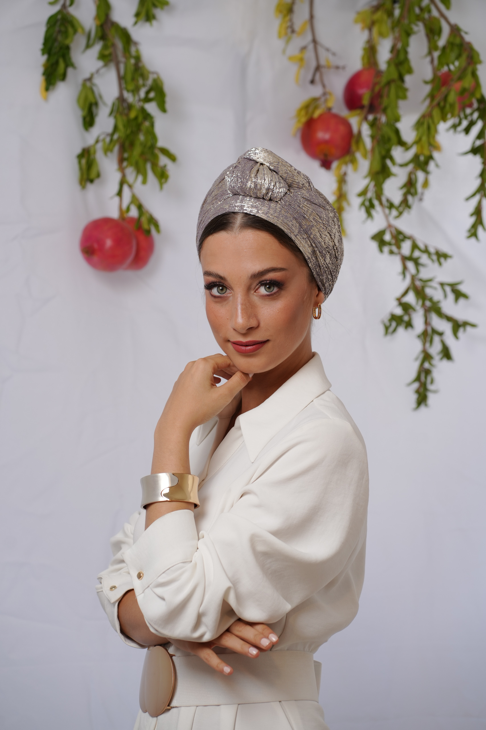 Printed Light Grey and Light Gold Evening Headscarf