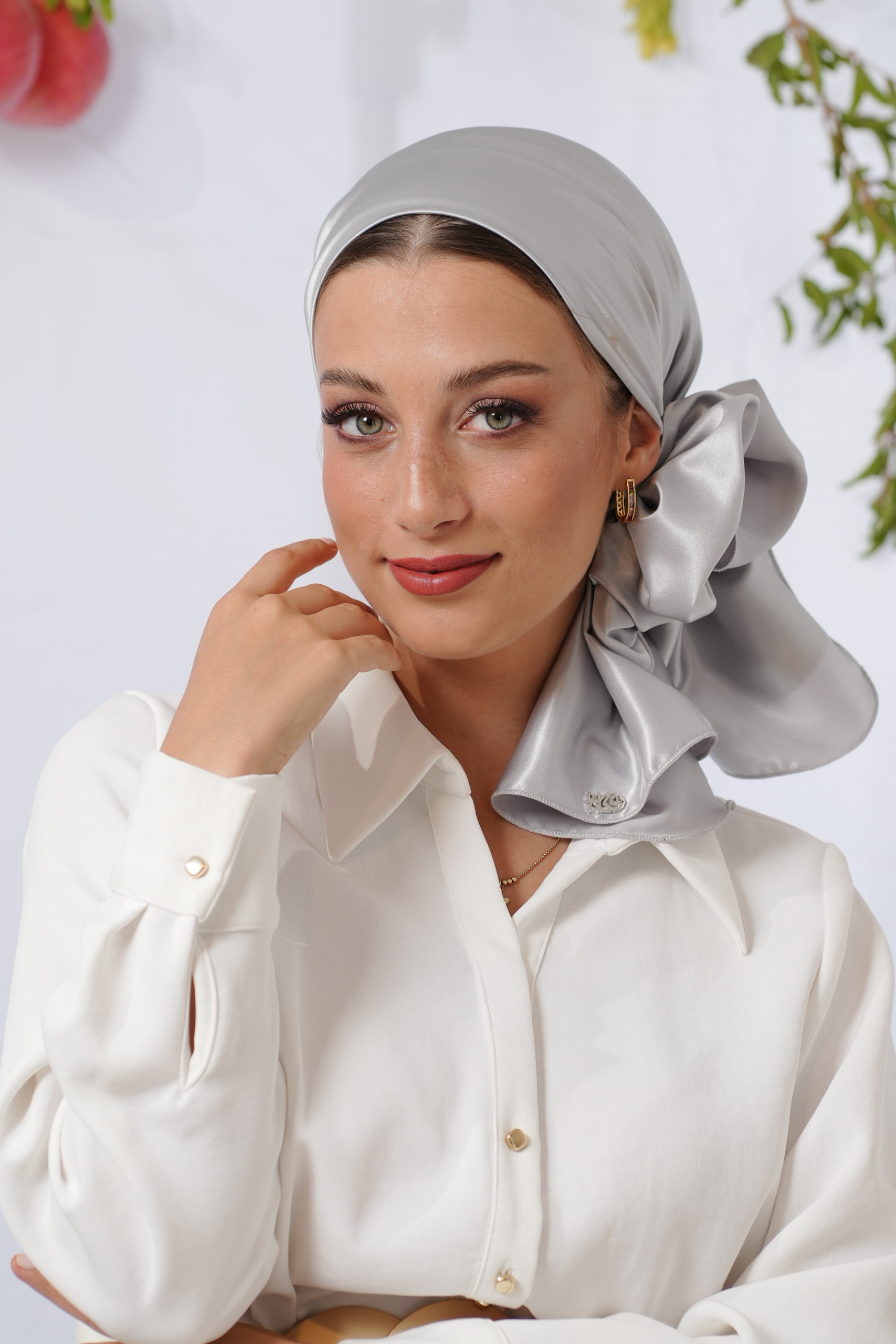 Grey Satin Evening Headscarf