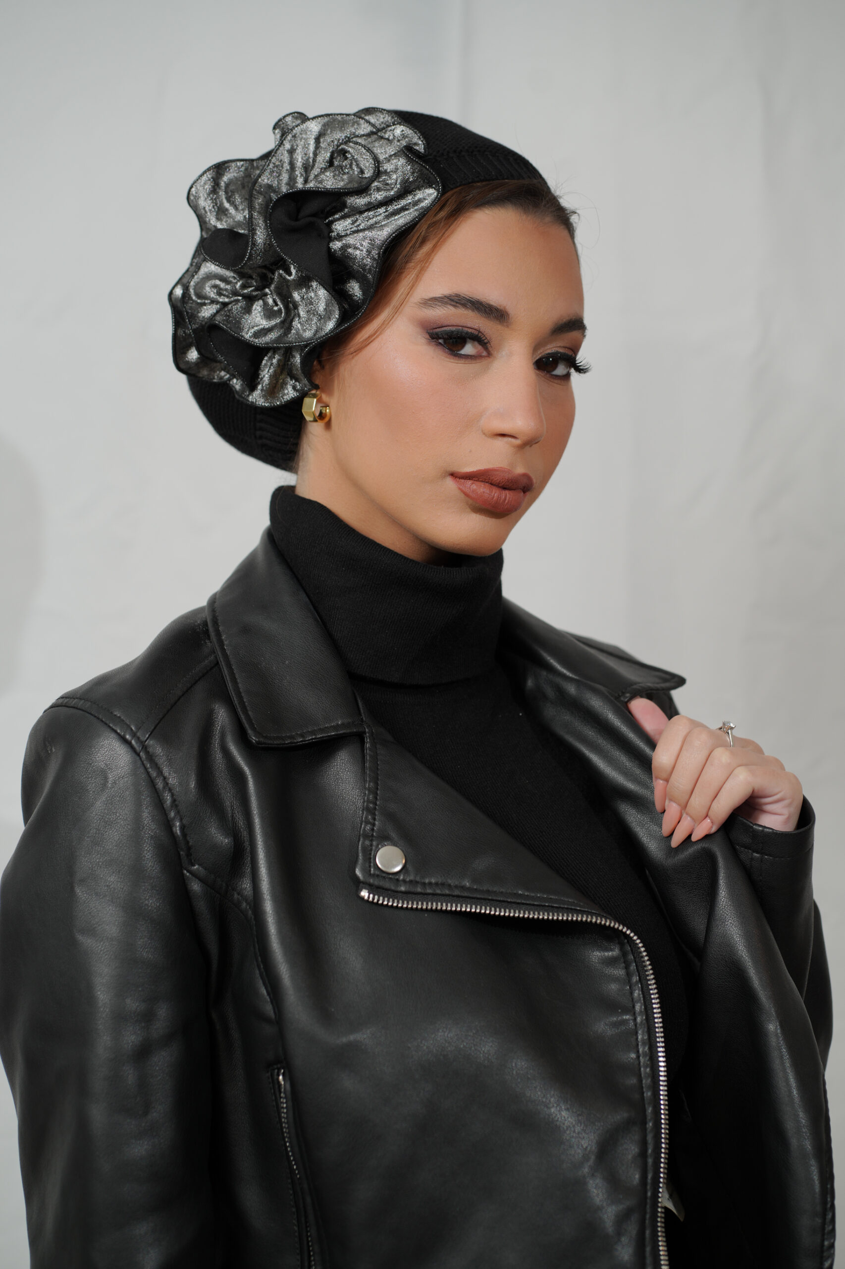 Black Beret with Silver Flower