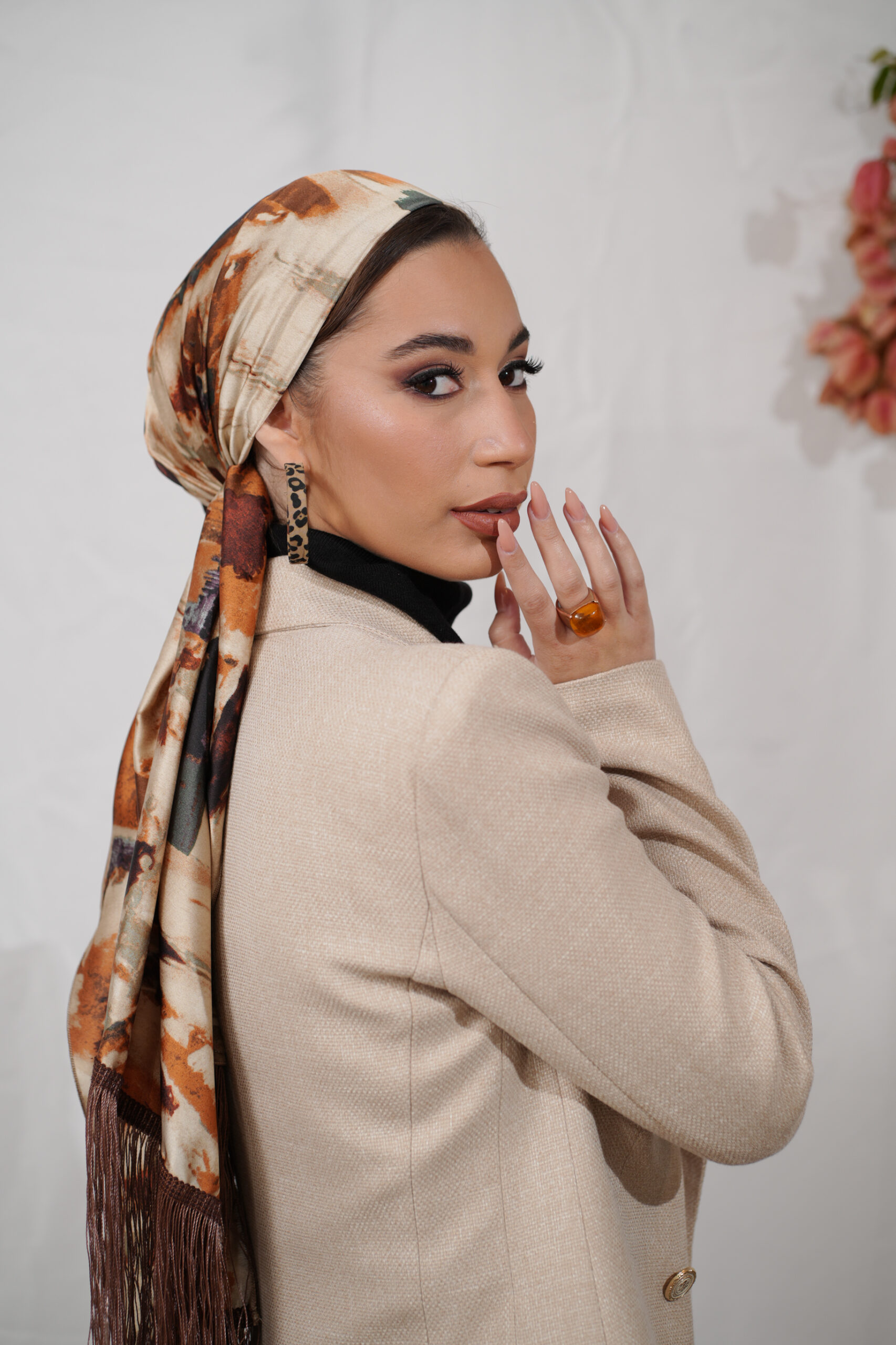 Printed Beige and Brown Headscarf with Fringes
