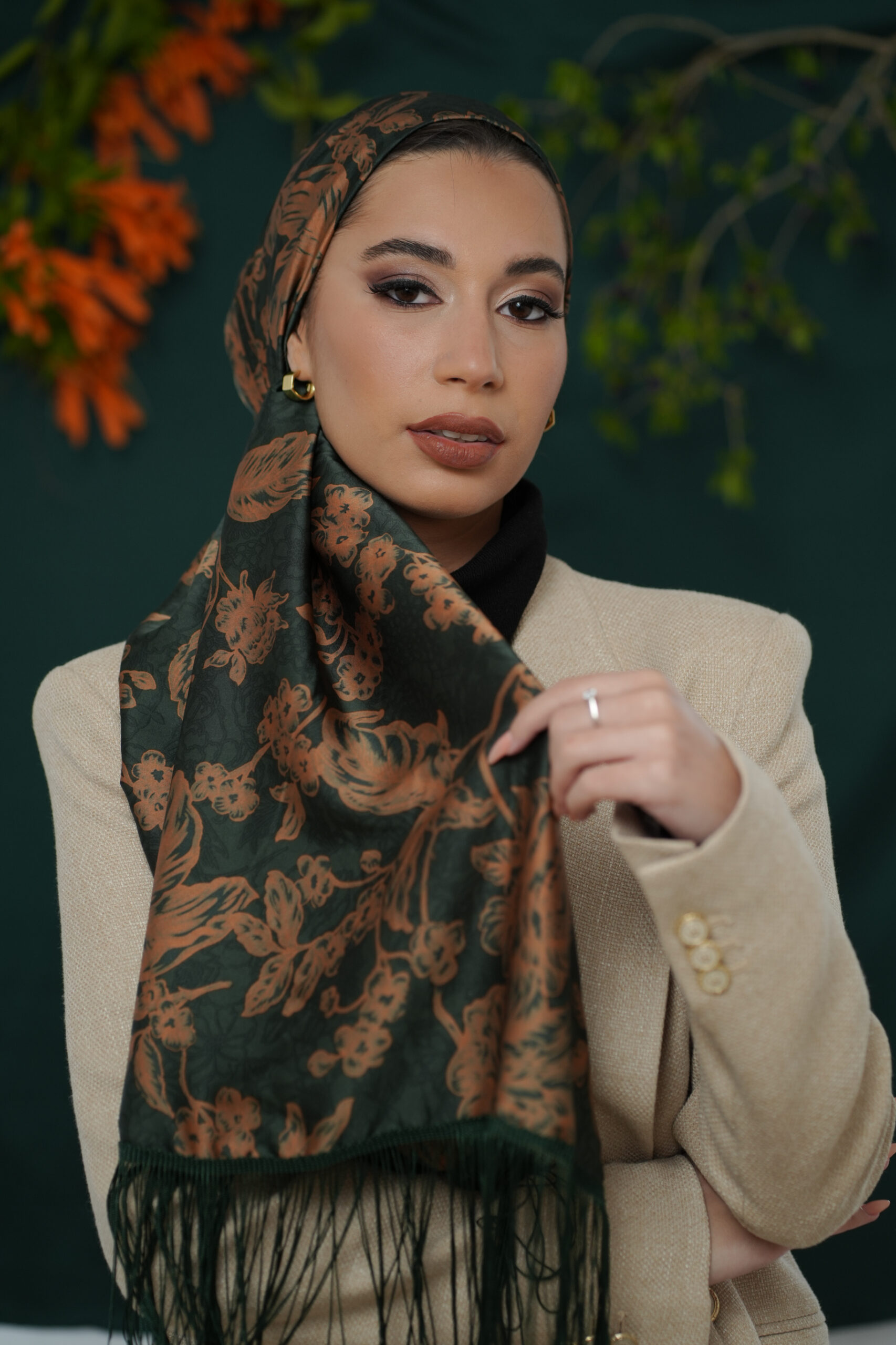 Printed Dark Green and Brown Flowers Headscarf With Fringes