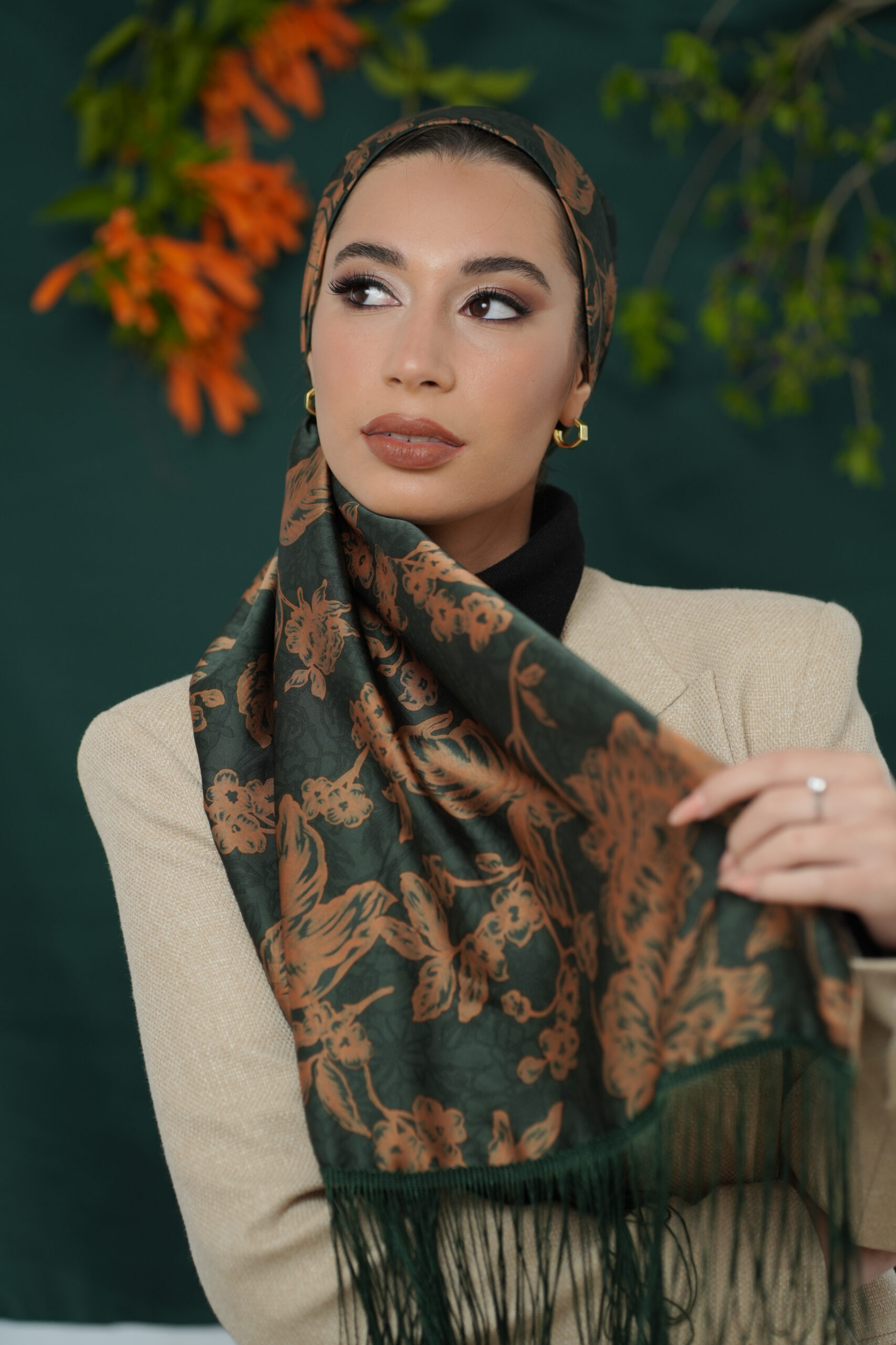Printed Dark Green and Brown Flowers Headscarf With Fringes