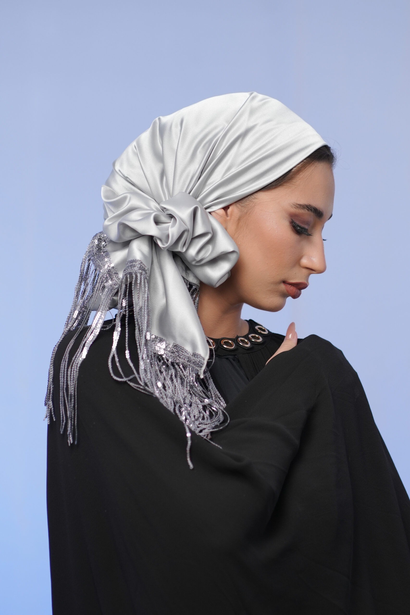Silver satin headscarf with fringes