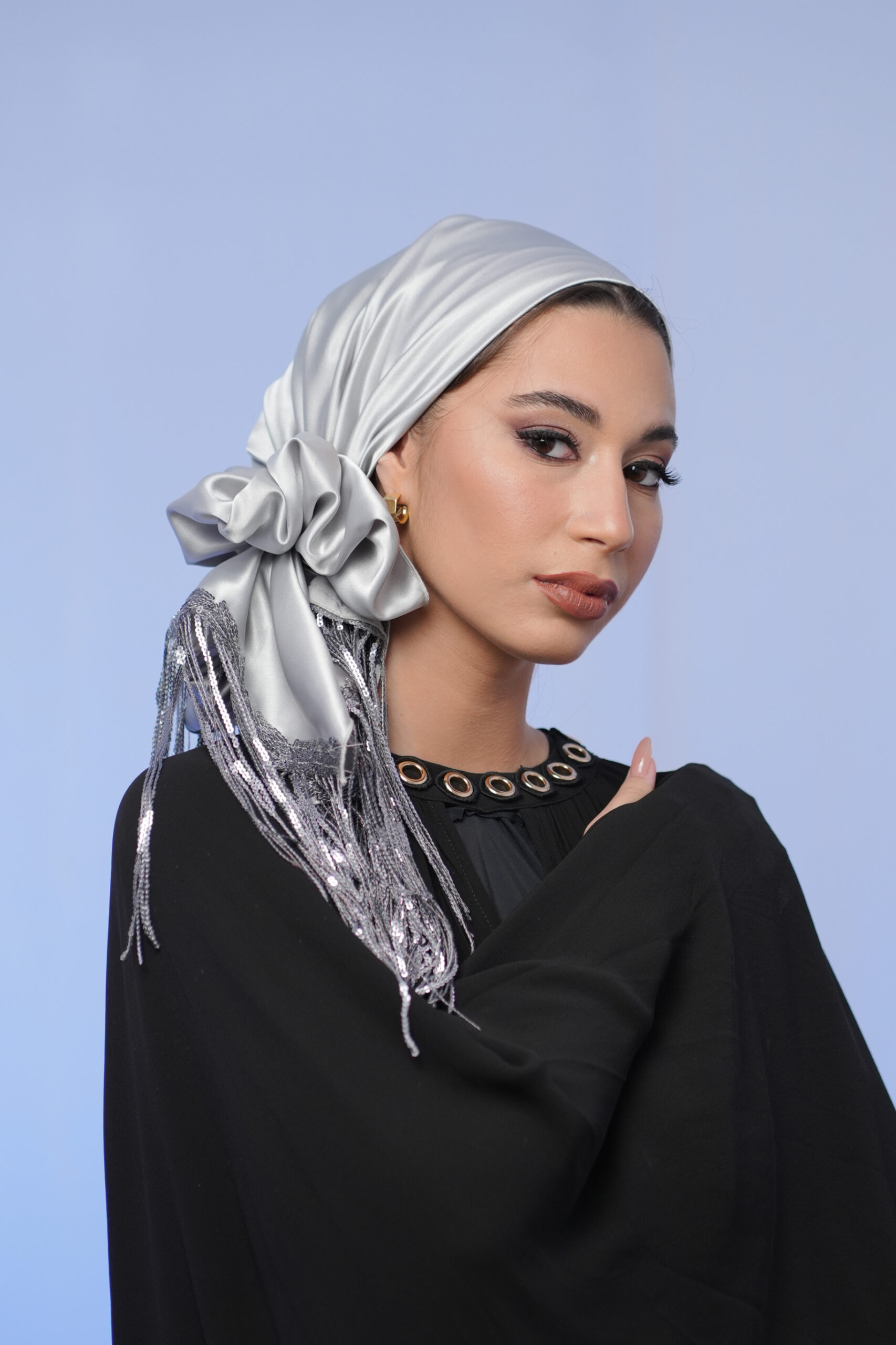 Silver satin headscarf with fringes