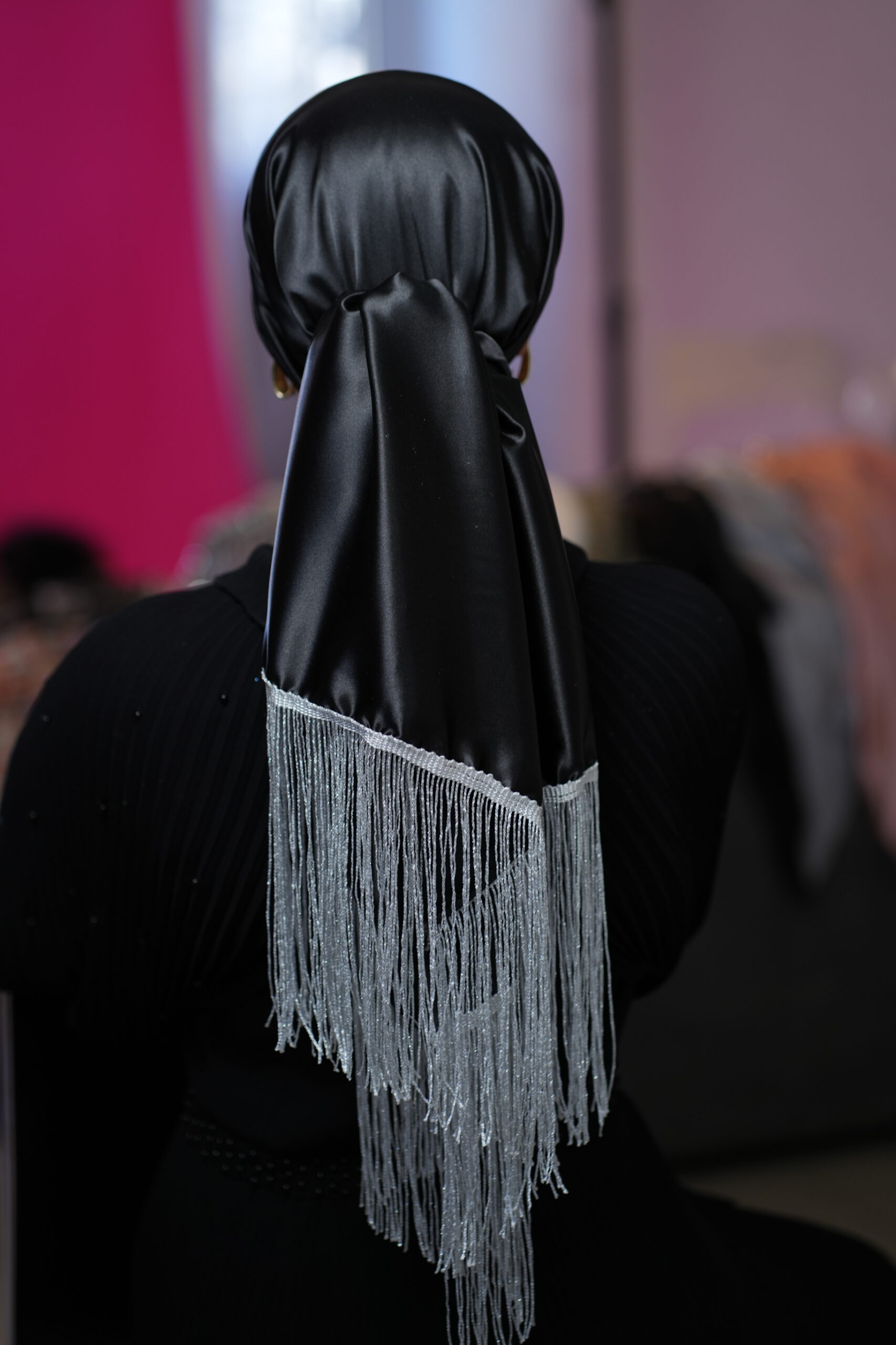 Black satin headscarf with Silver  fringes