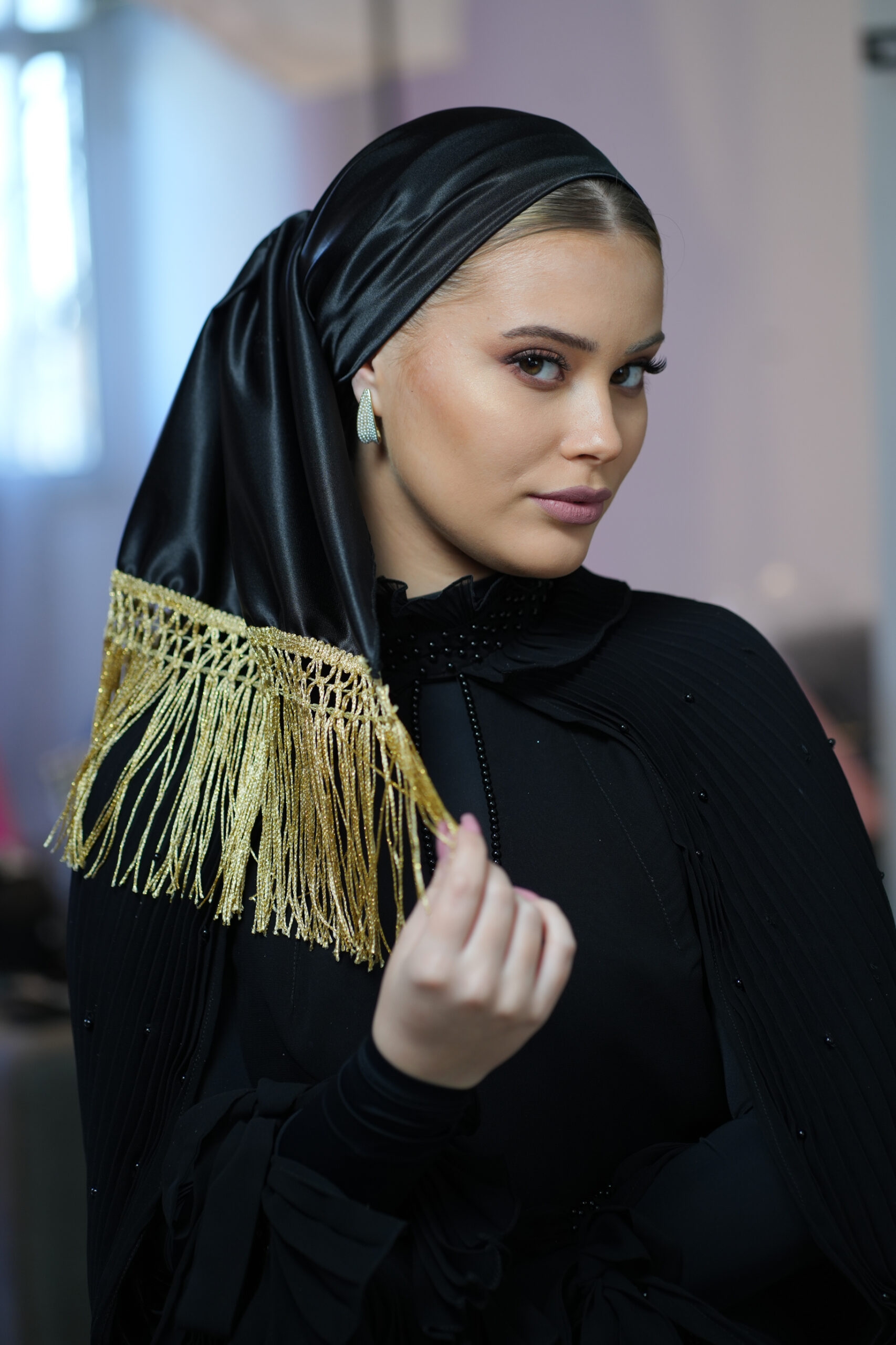 Black satin headscarf with Gold fringes