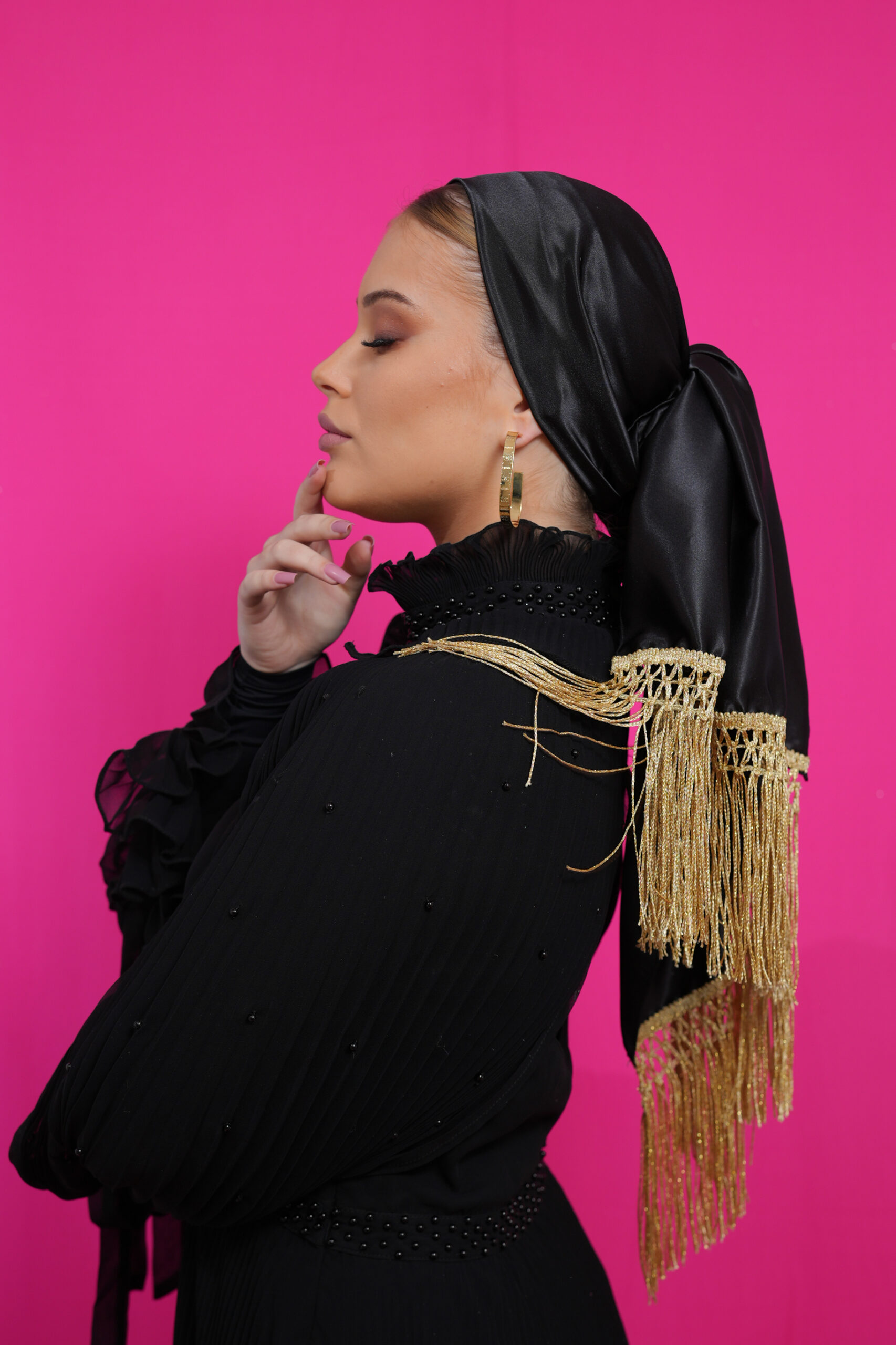 Black satin headscarf with Gold fringes