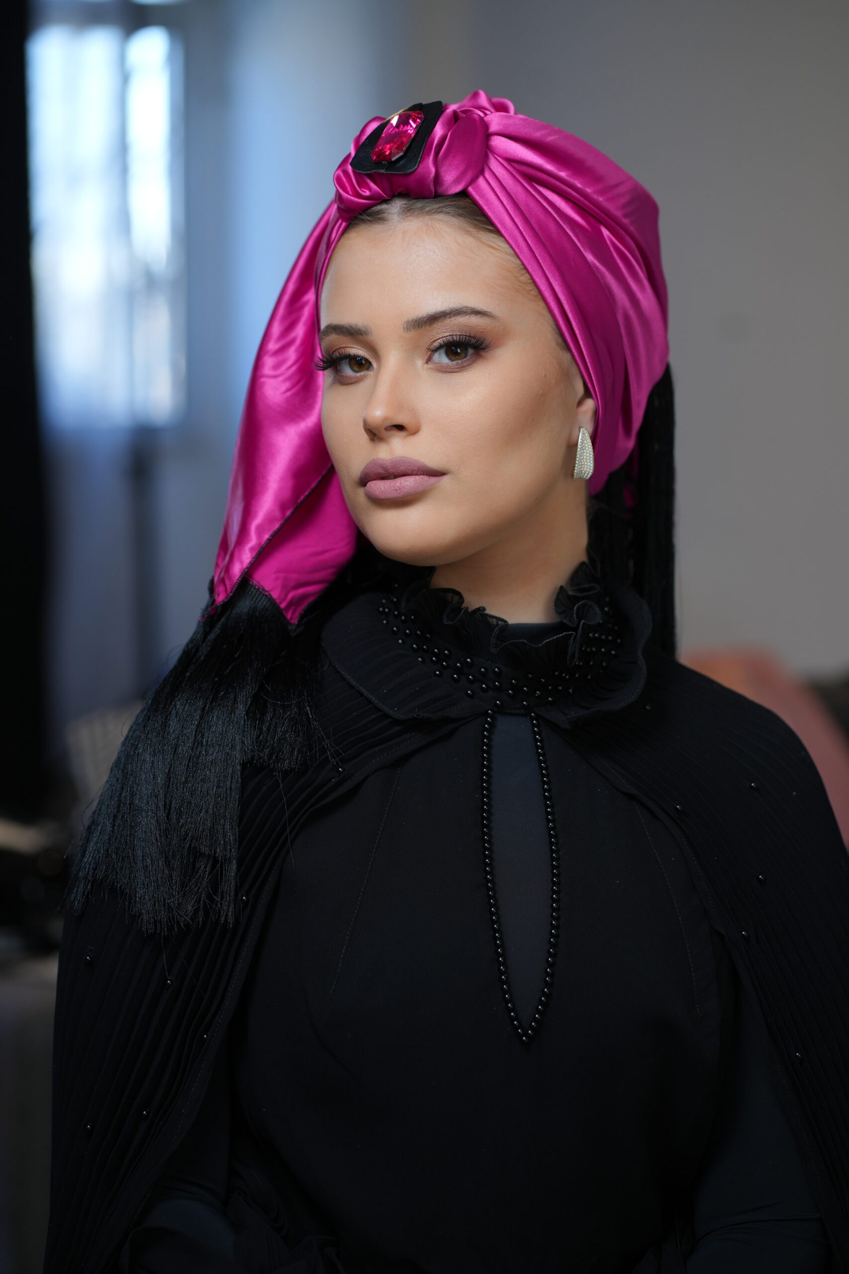 Pink Satin Headscarf with Black fringes And jewel