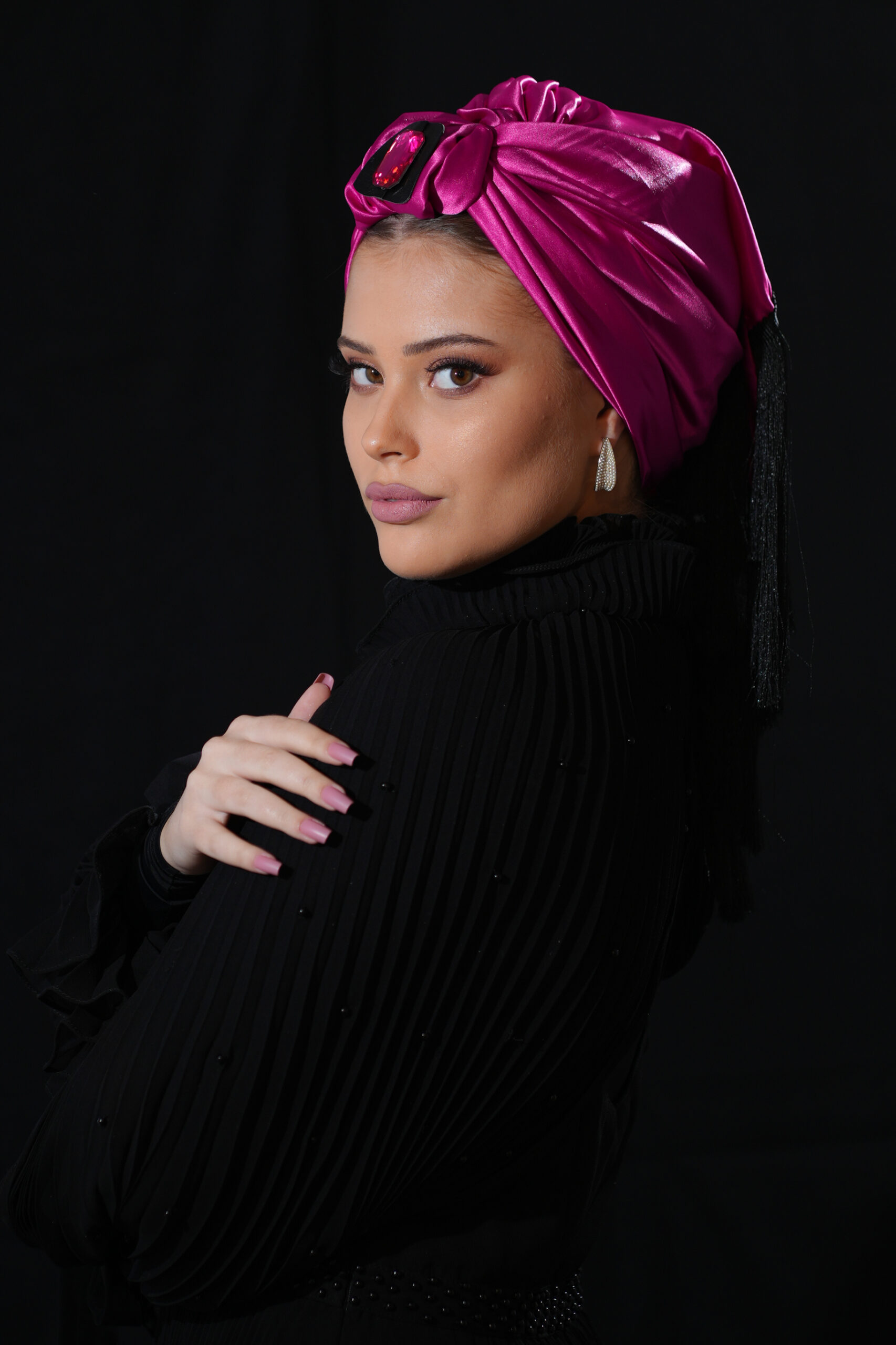 Pink Satin Headscarf with Black fringes And jewel
