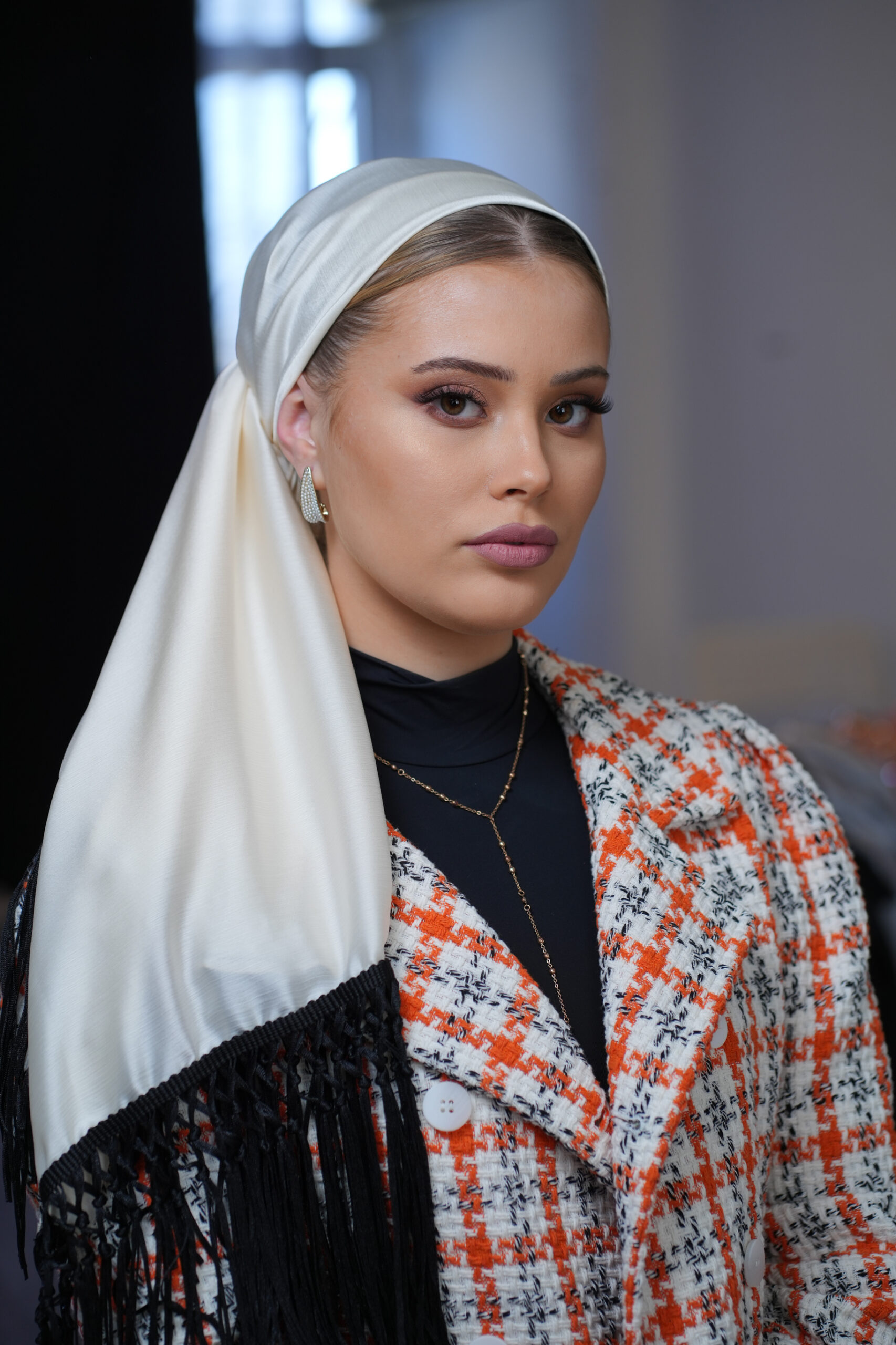 Special White Headscarf with Black fringes