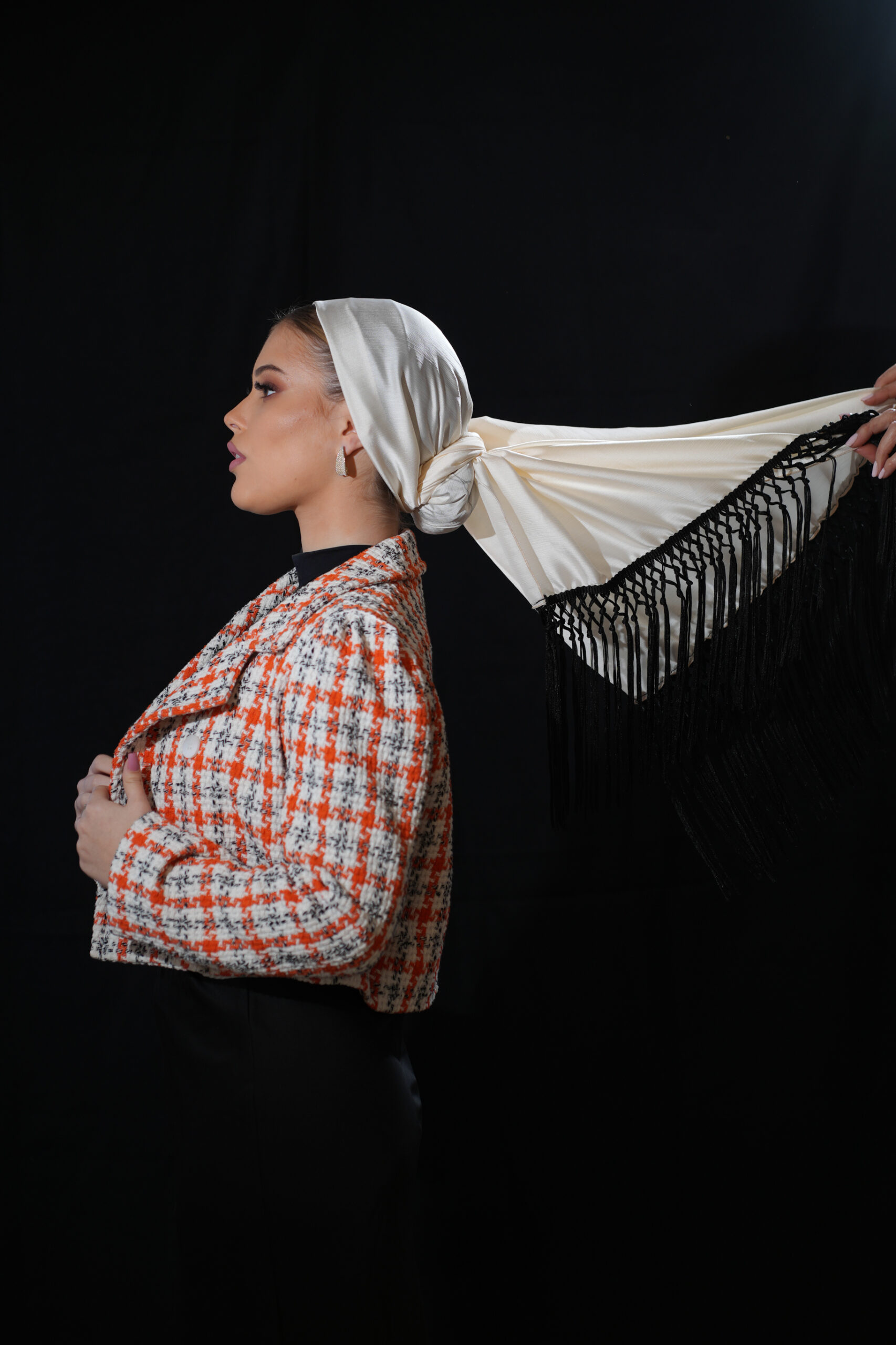 Special White Headscarf with Black fringes