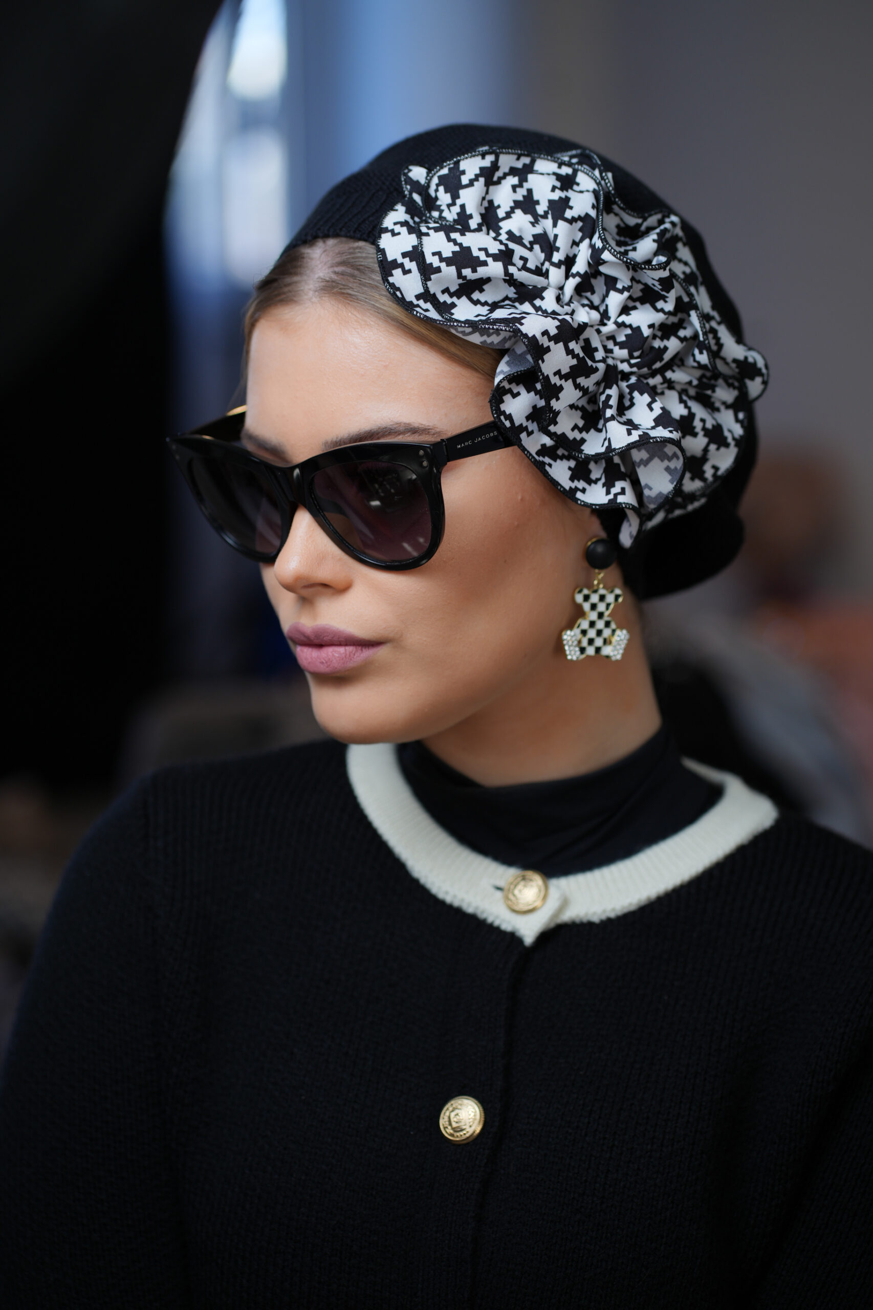Black Beret with Black and White Flower