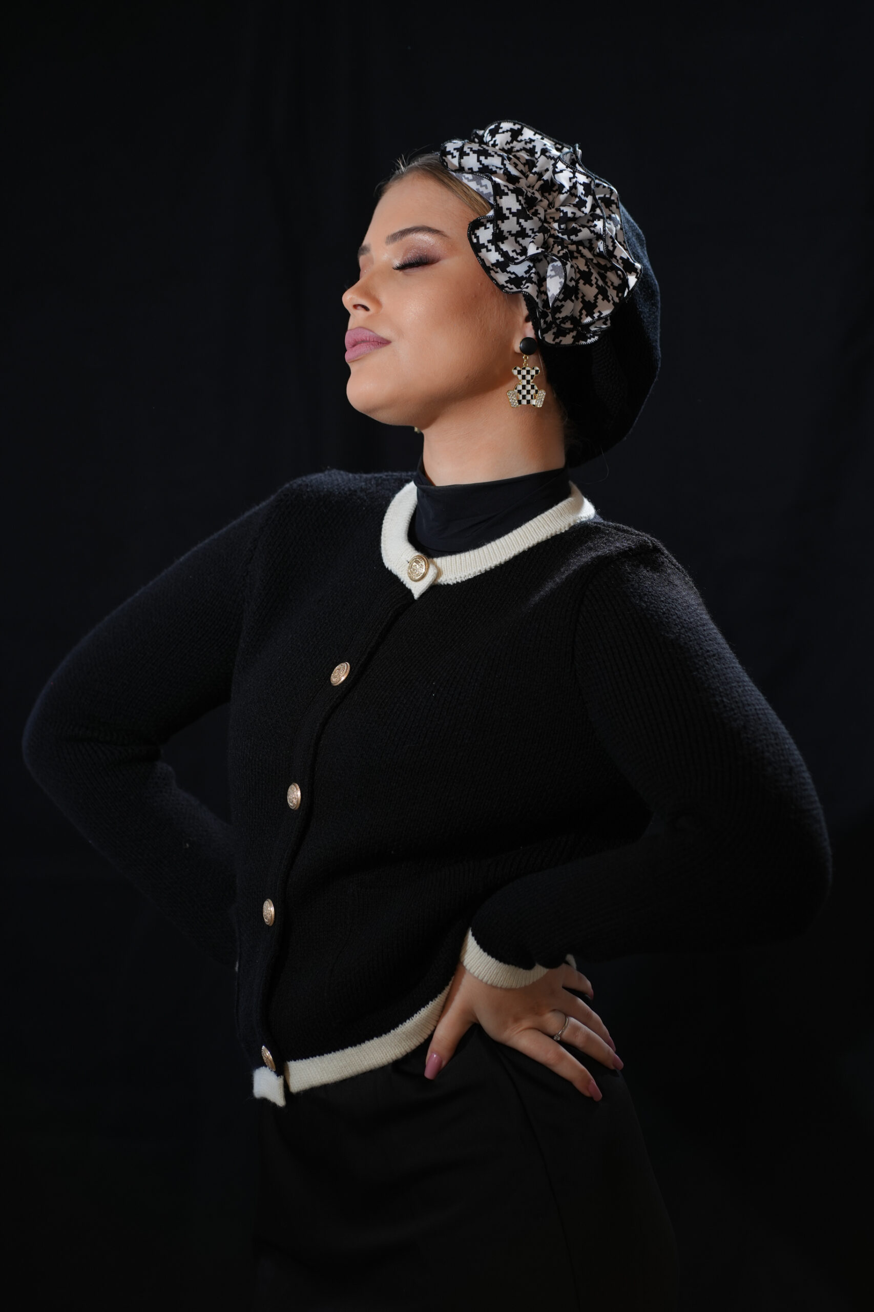 Black Beret with Black and White Flower