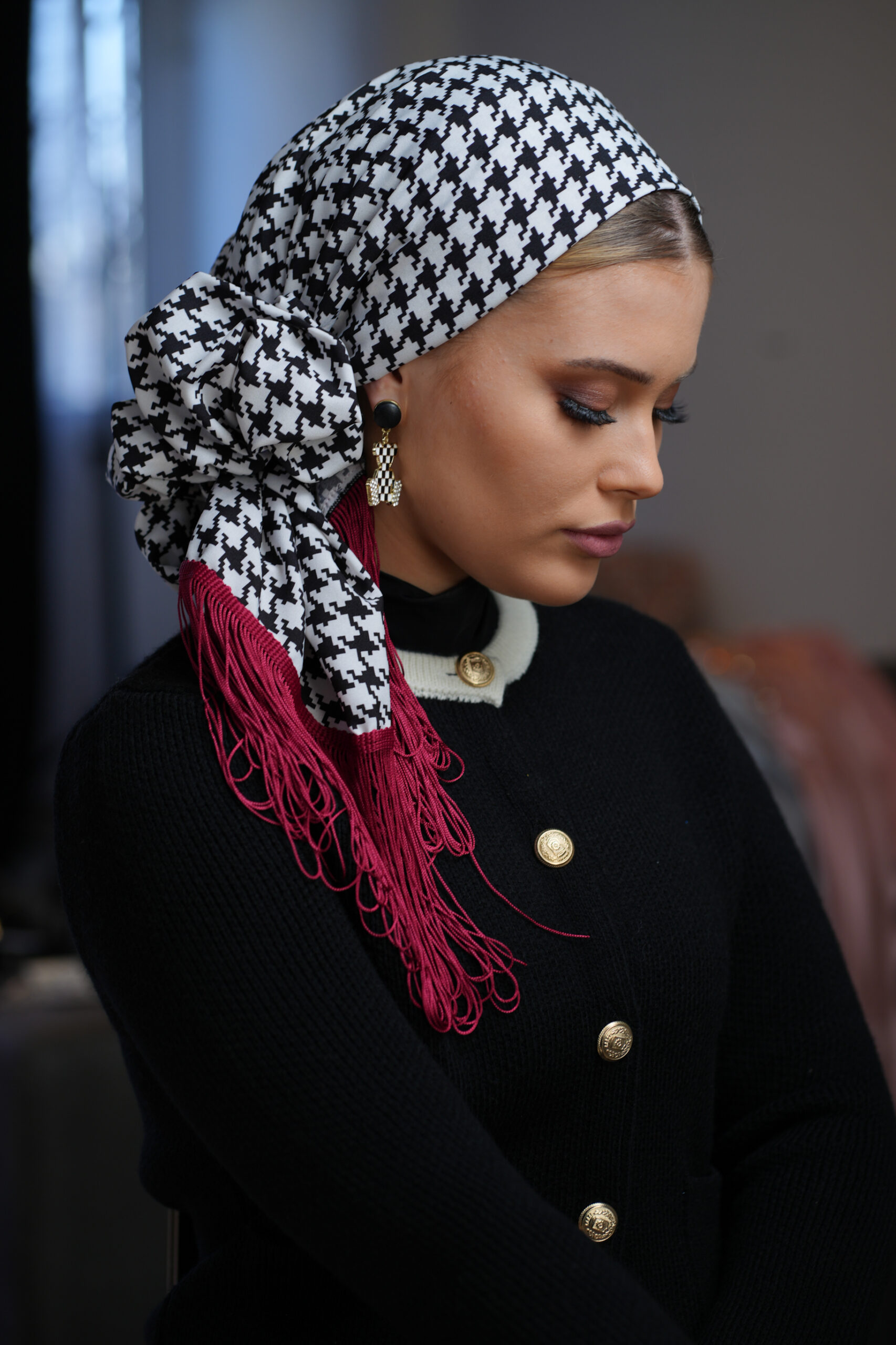 Printed Black And White headscarf With Or Without Red Fringes