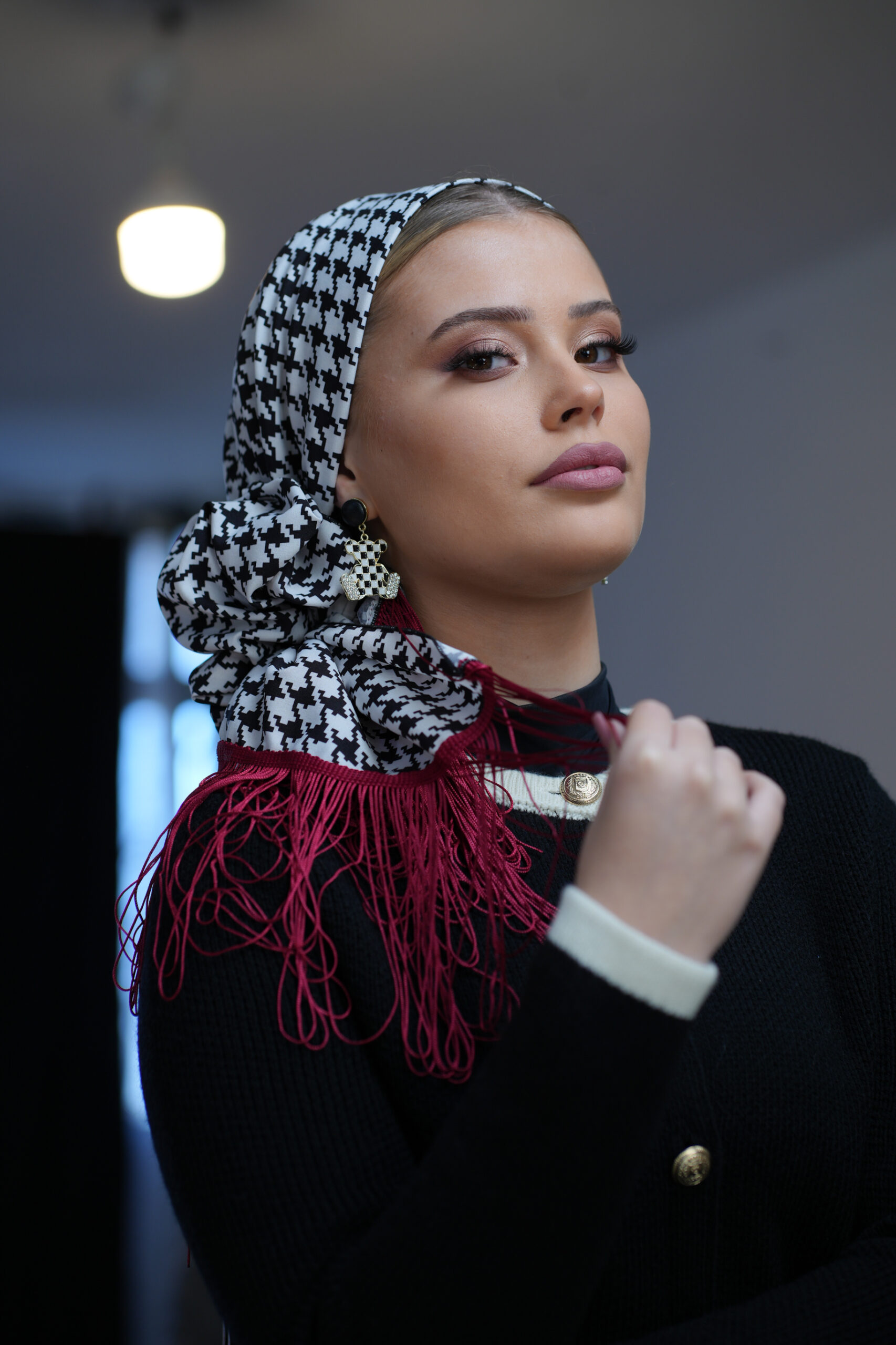 Printed Black And White headscarf With Or Without Red Fringes