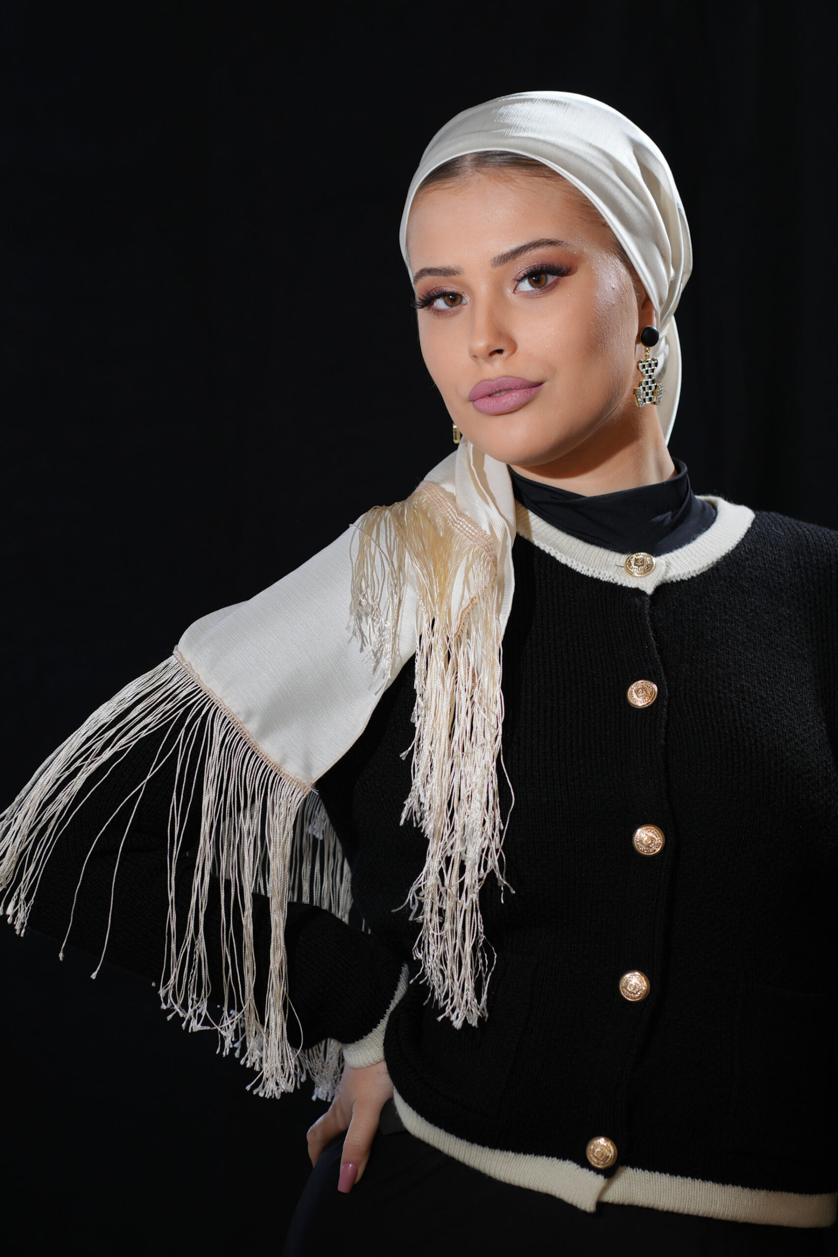 Special White Headscarf with White fringes