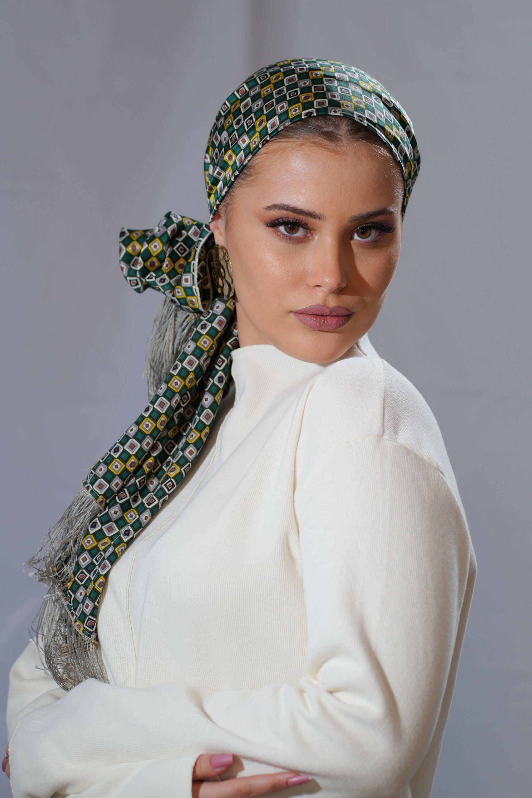 Printed Green headscarf With Or Without Grey Fringes