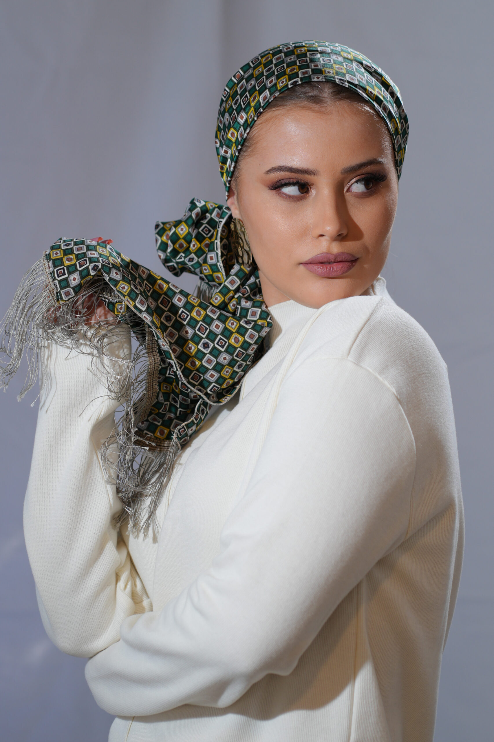 Printed Green headscarf With Or Without Grey Fringes