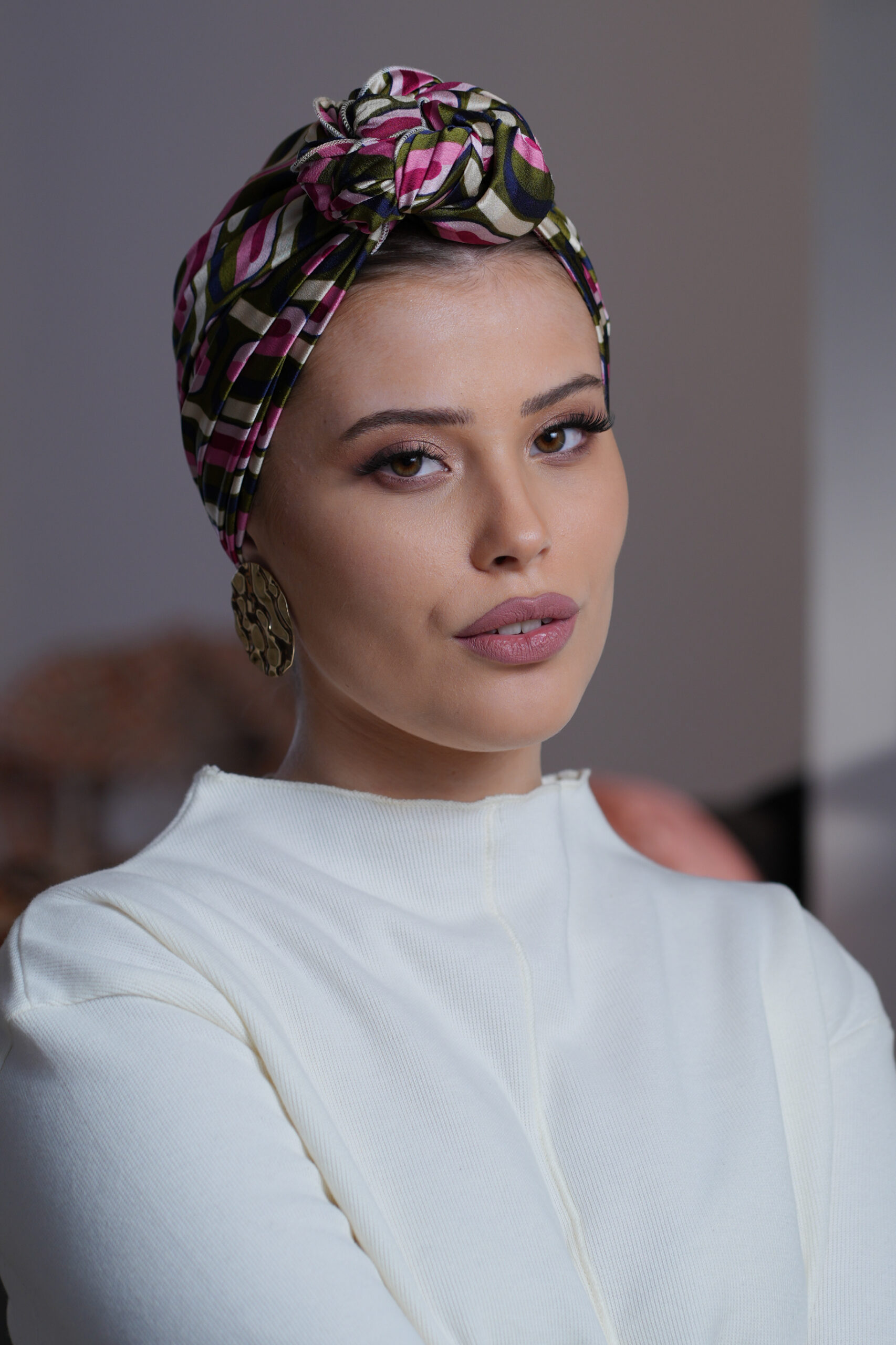 Printed pink and green headscarf