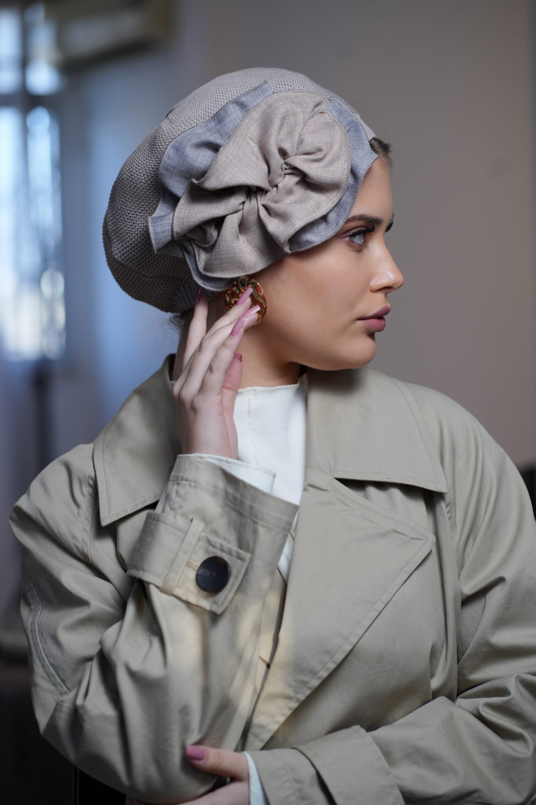 Grey Beret with Double Black and Grey Flower