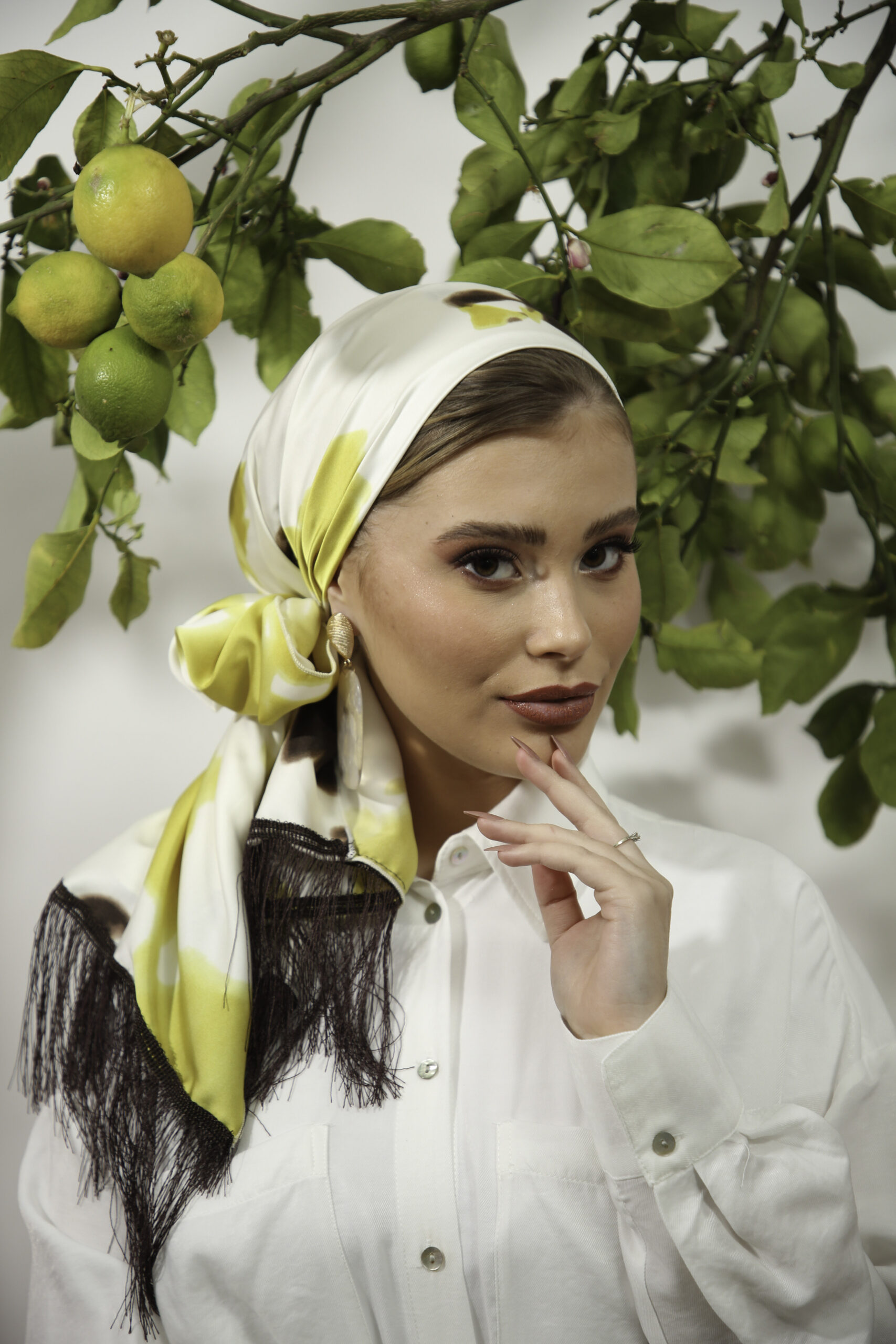 White Yellow Brown Printed Headscarf with or without Brown fringes