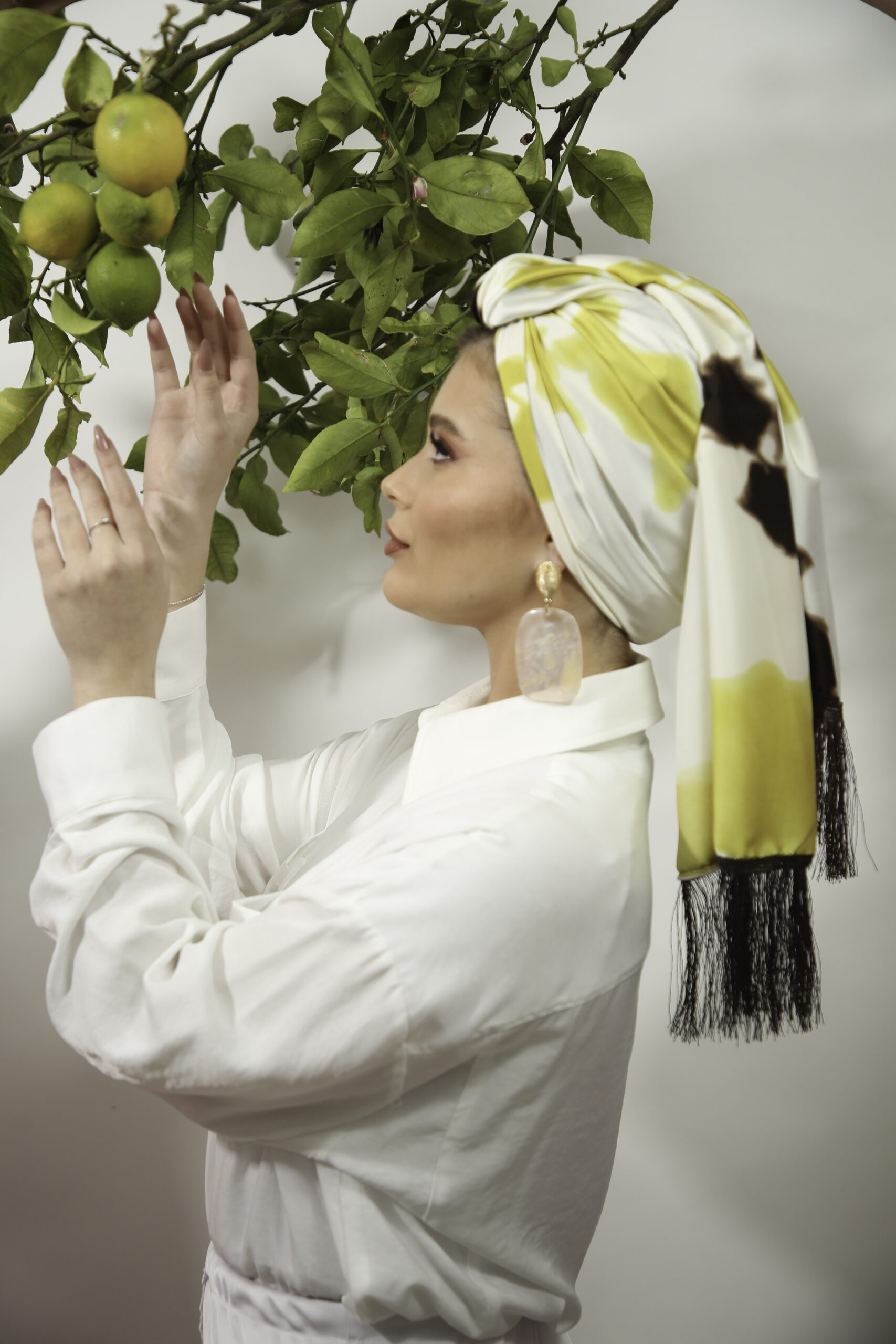 White Yellow Brown Printed Headscarf with or without Brown fringes