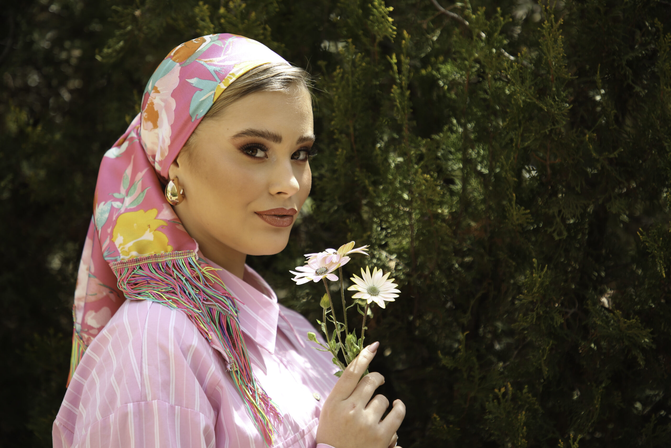 Pink  Printed spring Headscarf with or without colored fringes