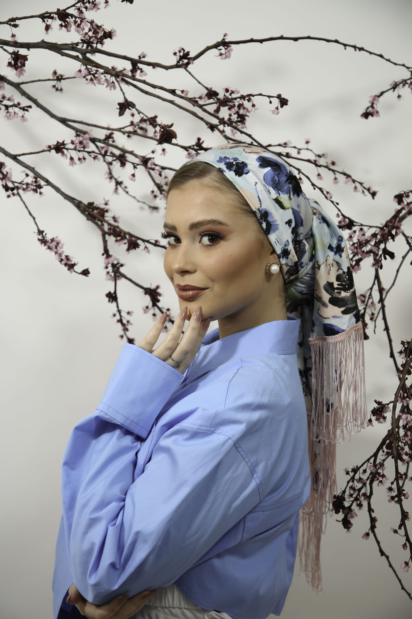 Blue Printed spring Headscarf with or without pink fringes