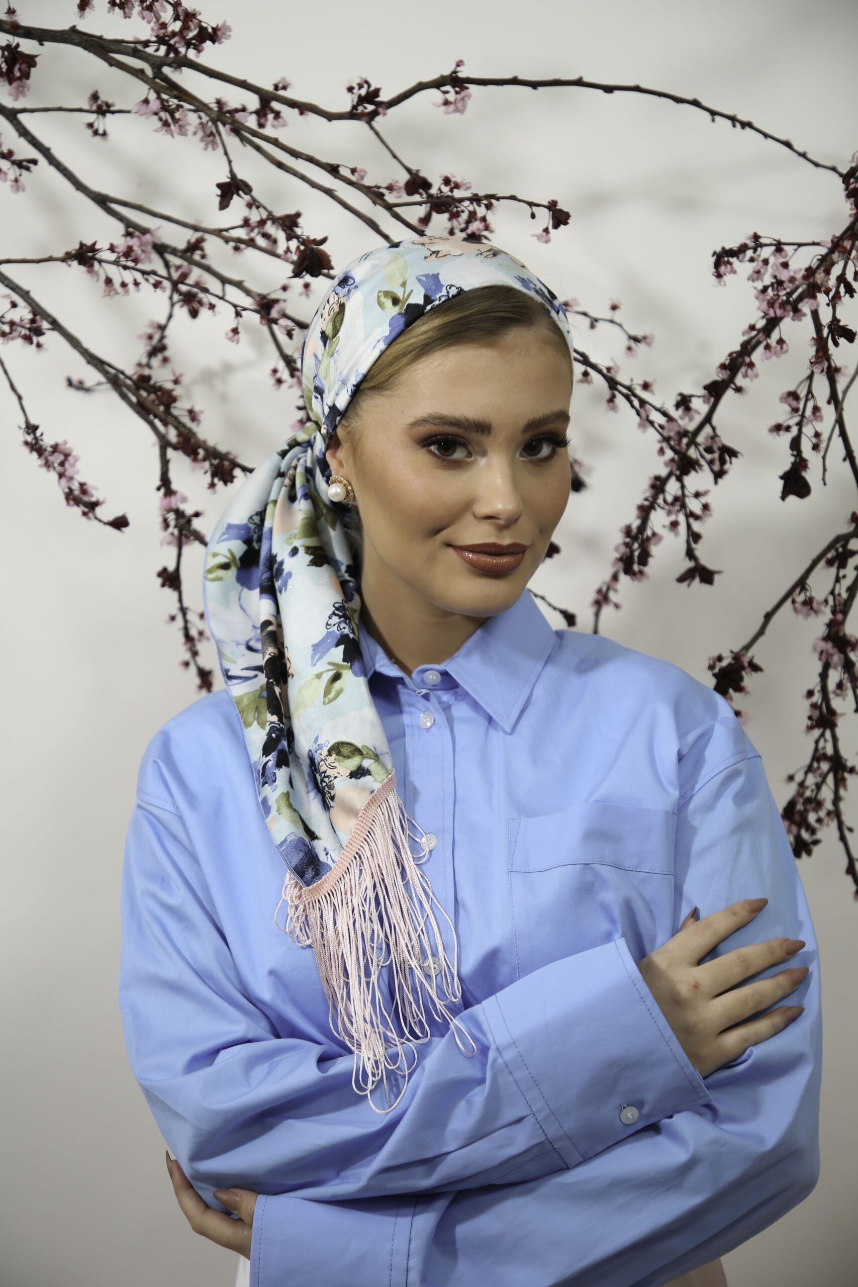 Blue Printed spring Headscarf with or without pink fringes