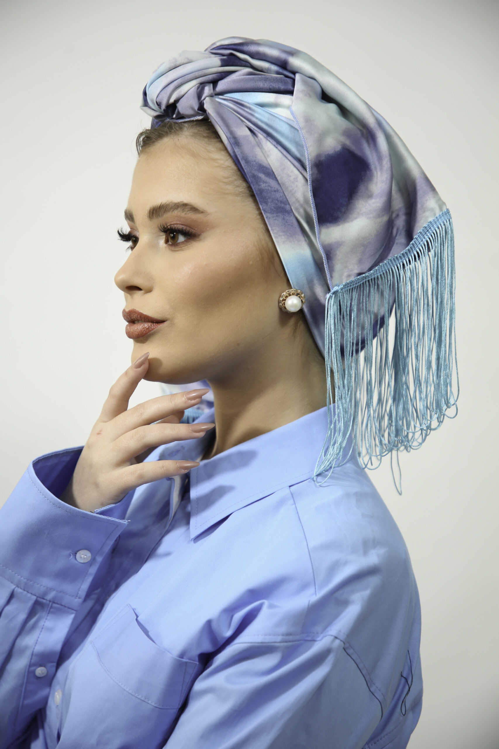 Blue Tie and Die Headscarf with or without Blue fringes